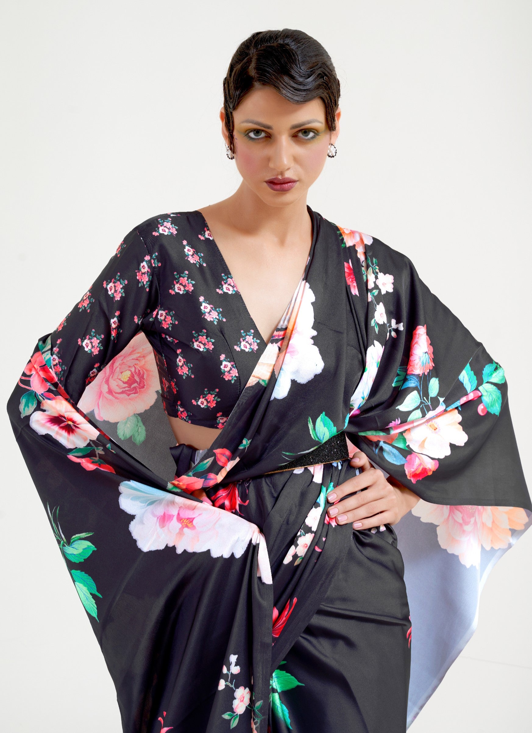 Black Prism Multicoloured Printed Satin Silk Saree