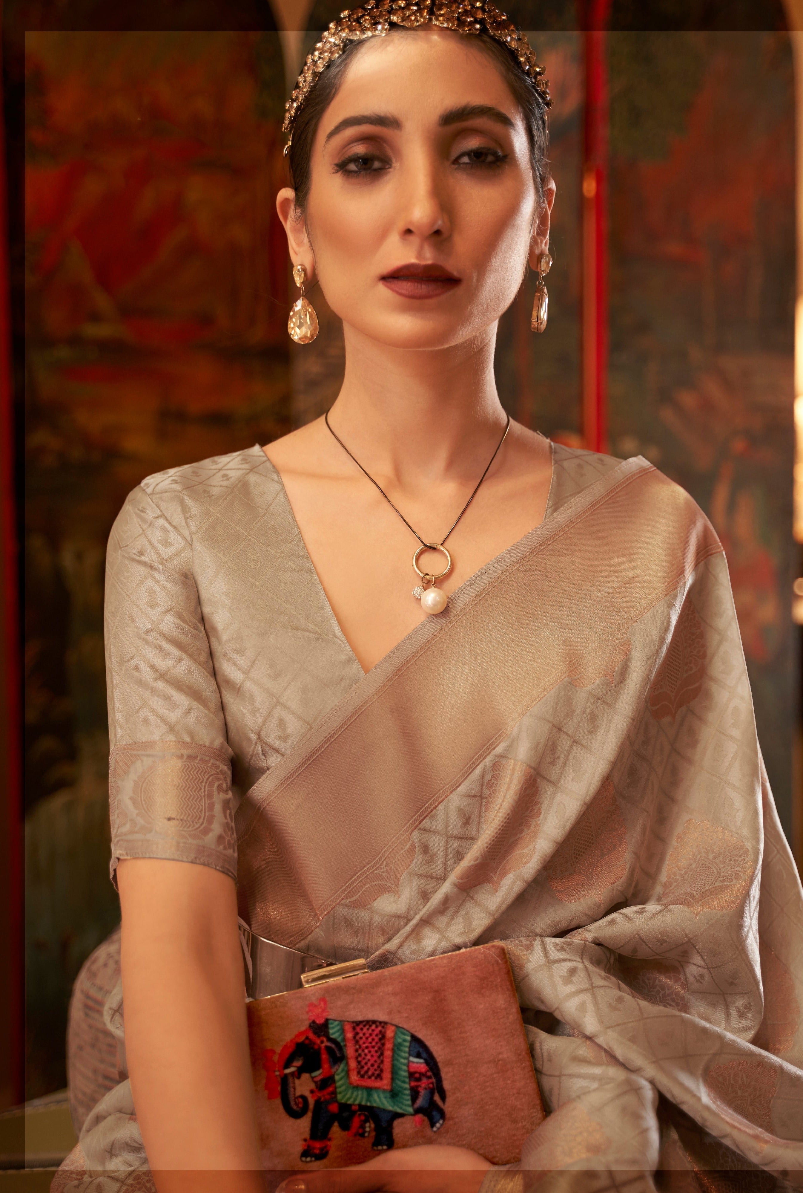 Elegant Cream Banarasi Copper Zari Silk Saree