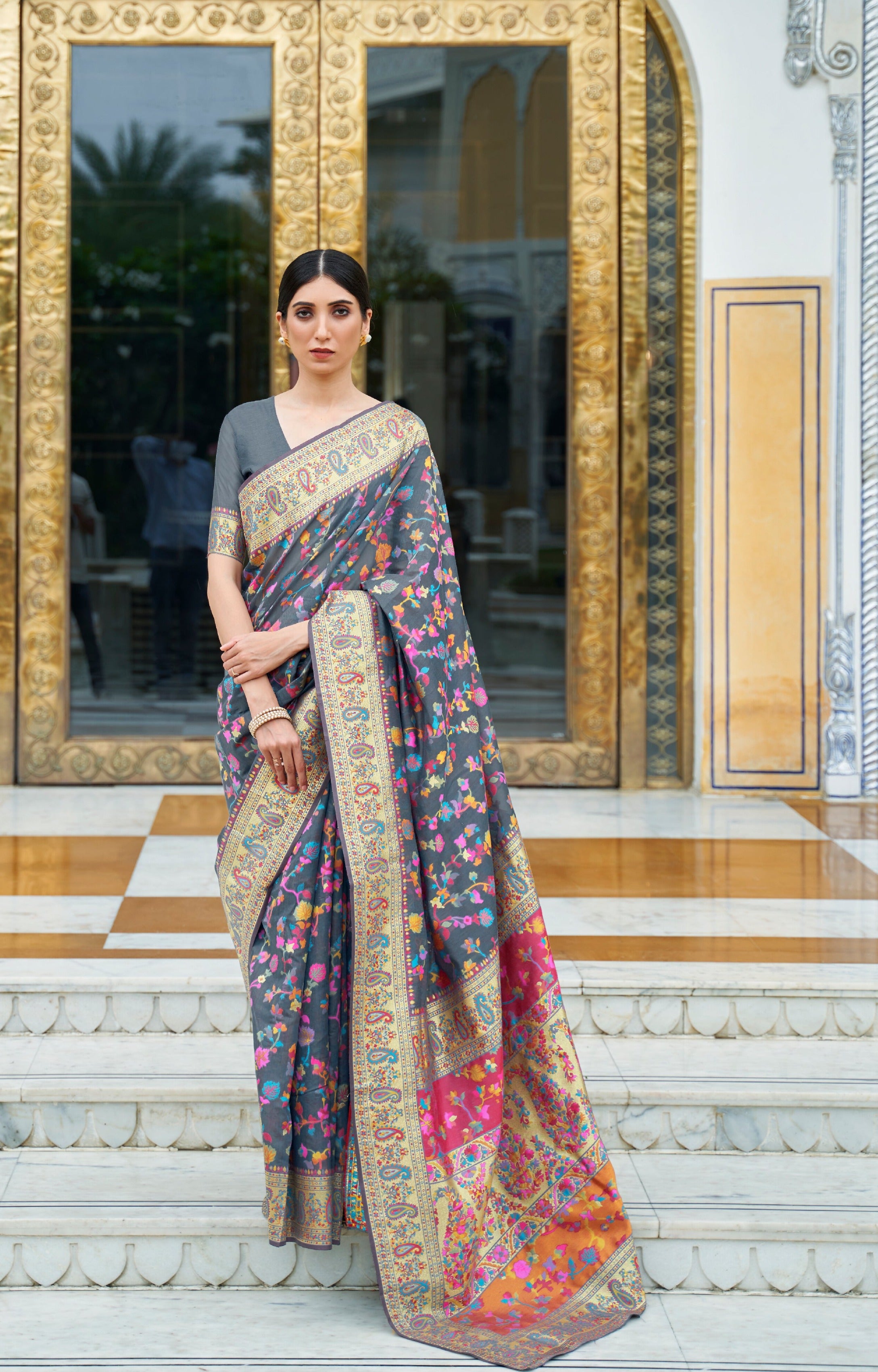 Sophisticated Grey Kashmiri Modal Silk Saree