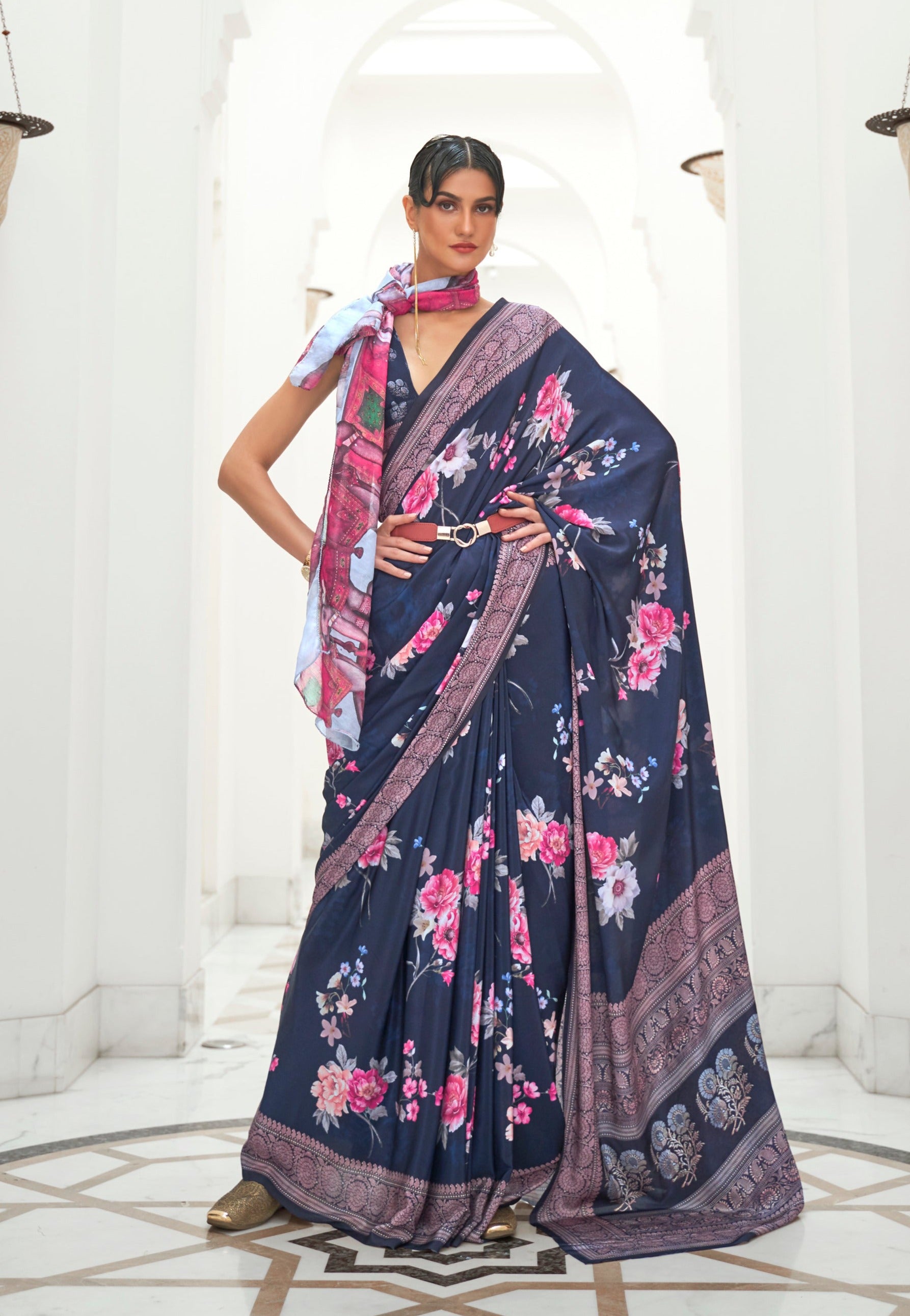 Stunning Navy Blue Kalamkari Printed Crepe Saree