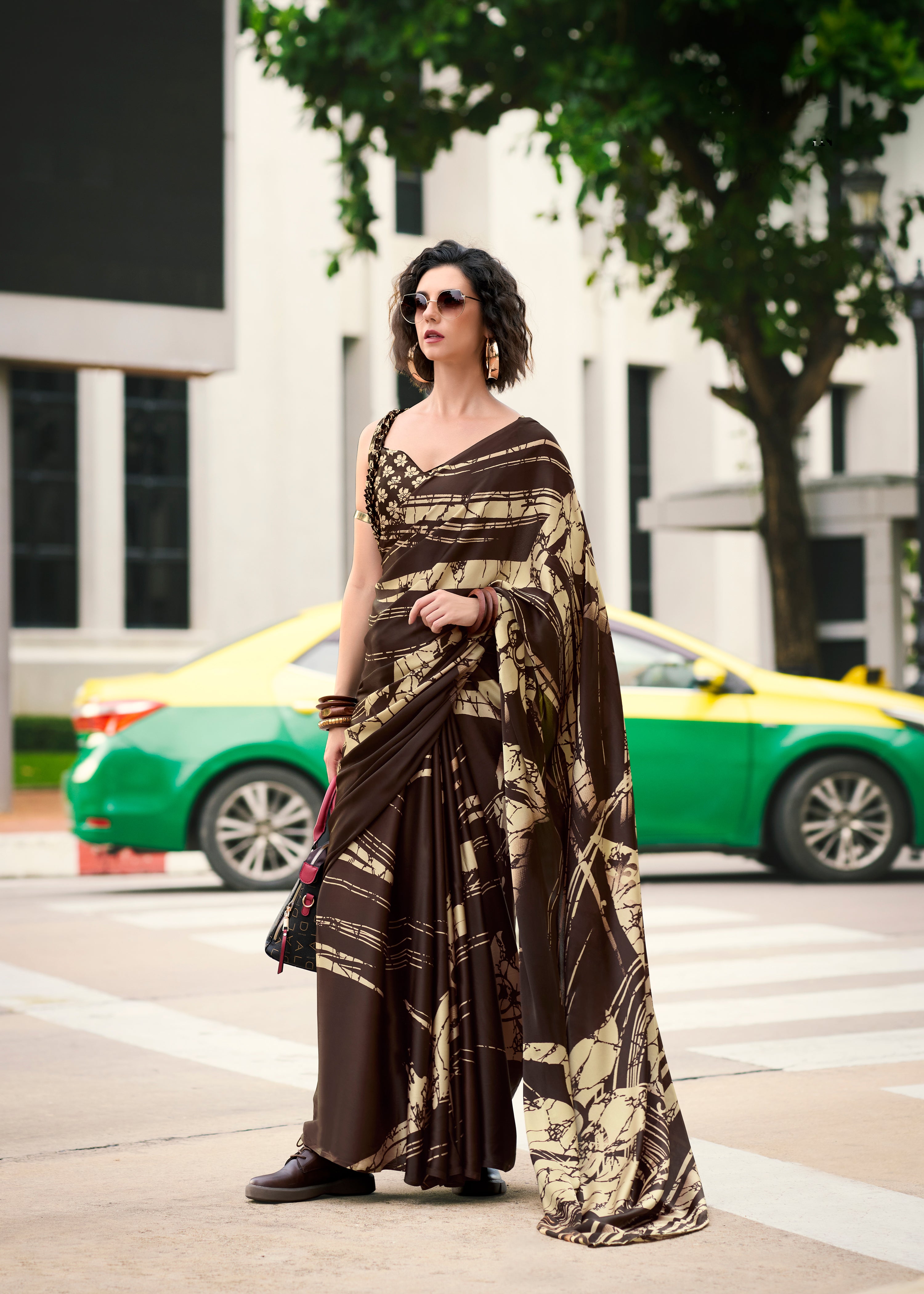 Majestic Brown Japan Sattin Saree