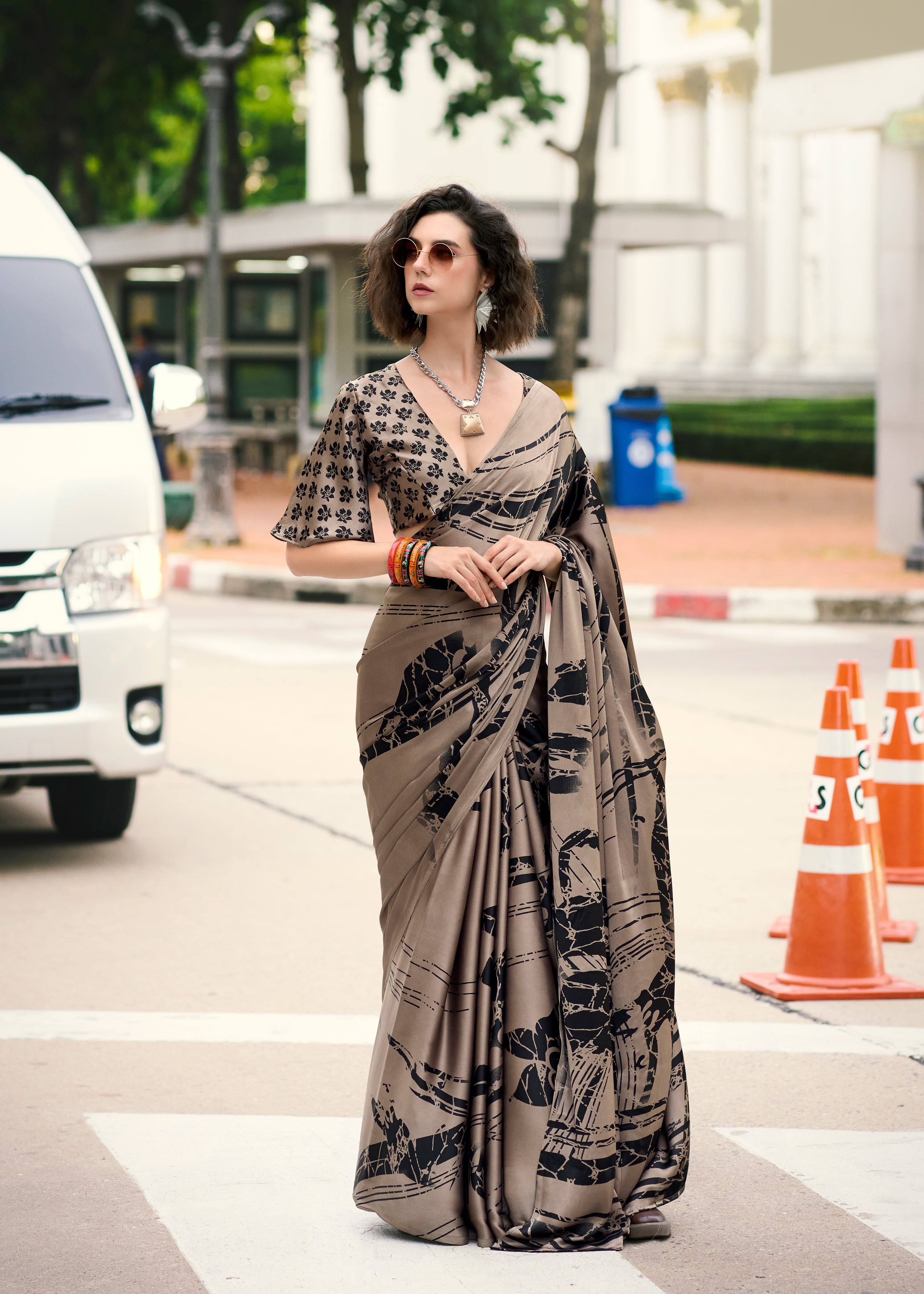 Majestic Elegant Brown color Japan Sattin Saree