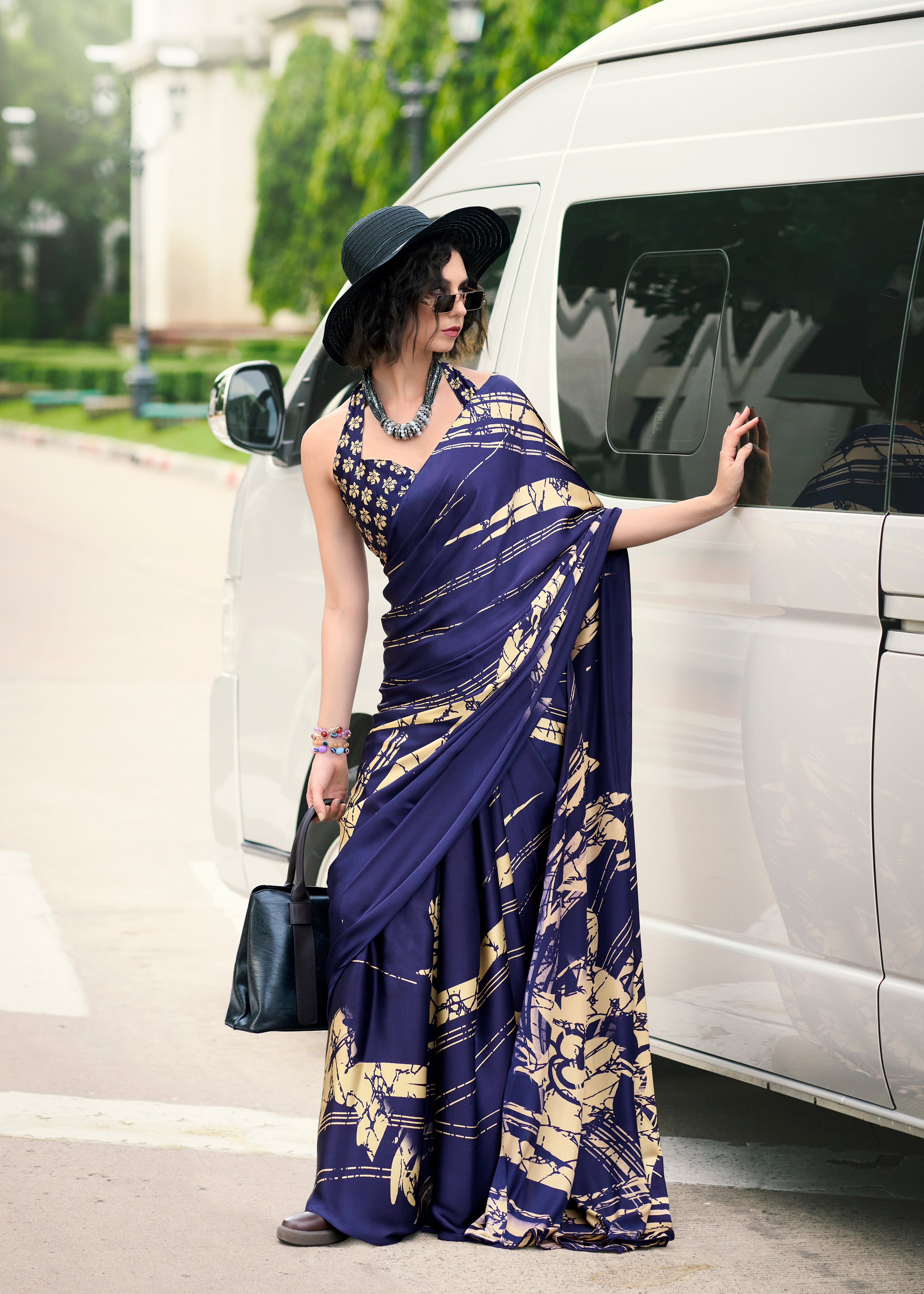 Majestic Elegant Blue color Japan Sattin Saree