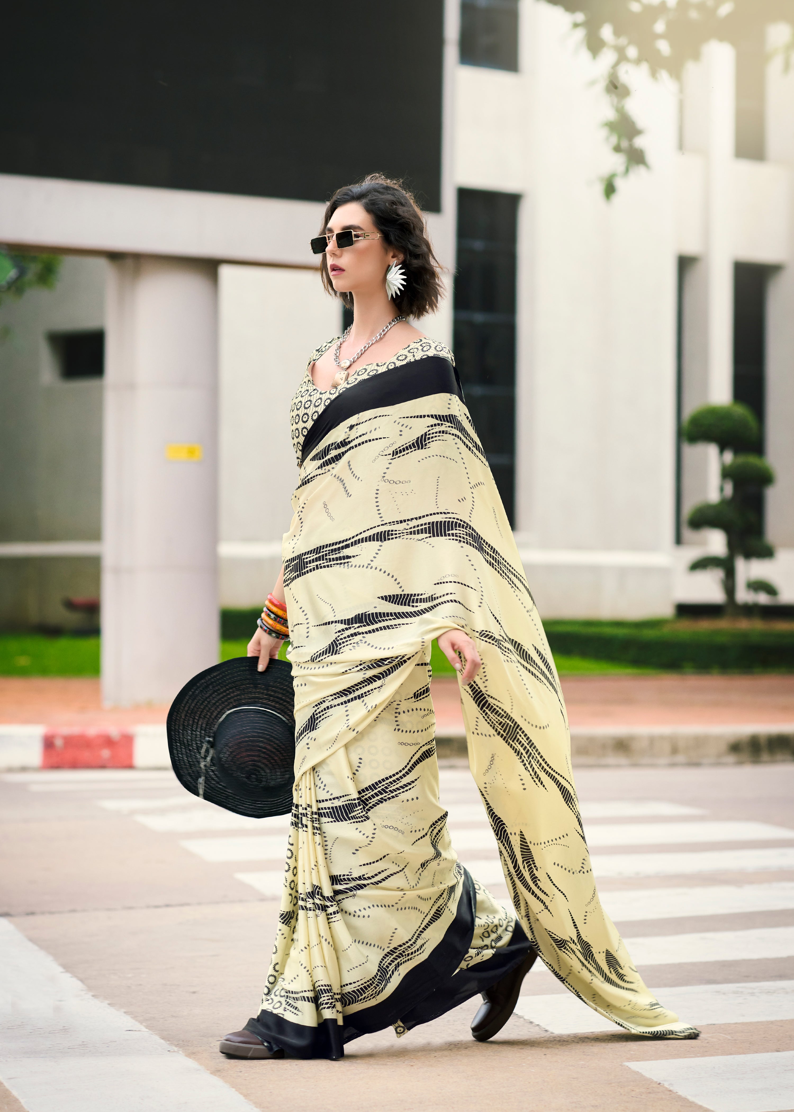 Majestic Elegant Cream with Black color Japan Sattin Saree