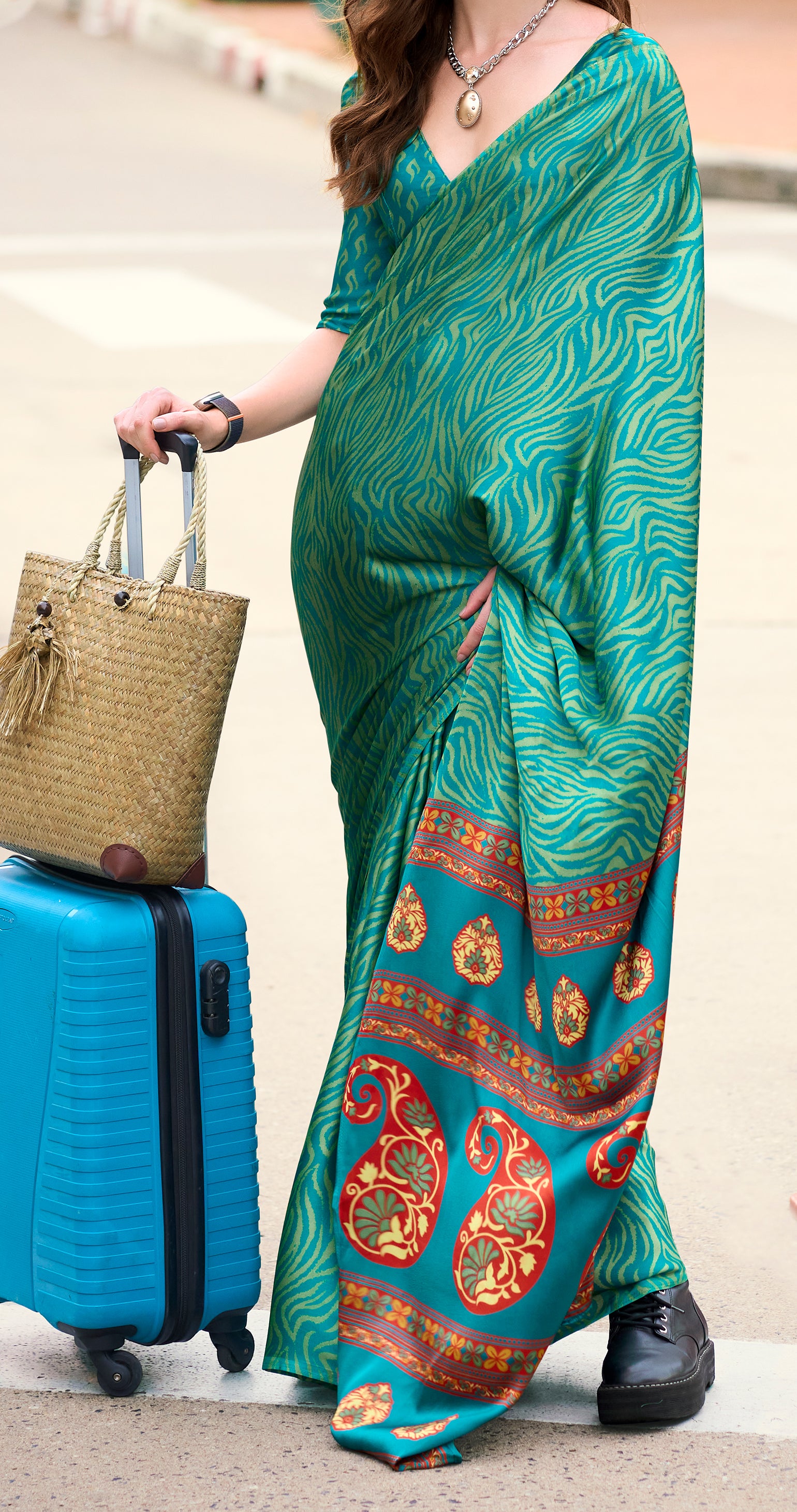 Majestic Elegant Tale Green color Japan Sattin Saree