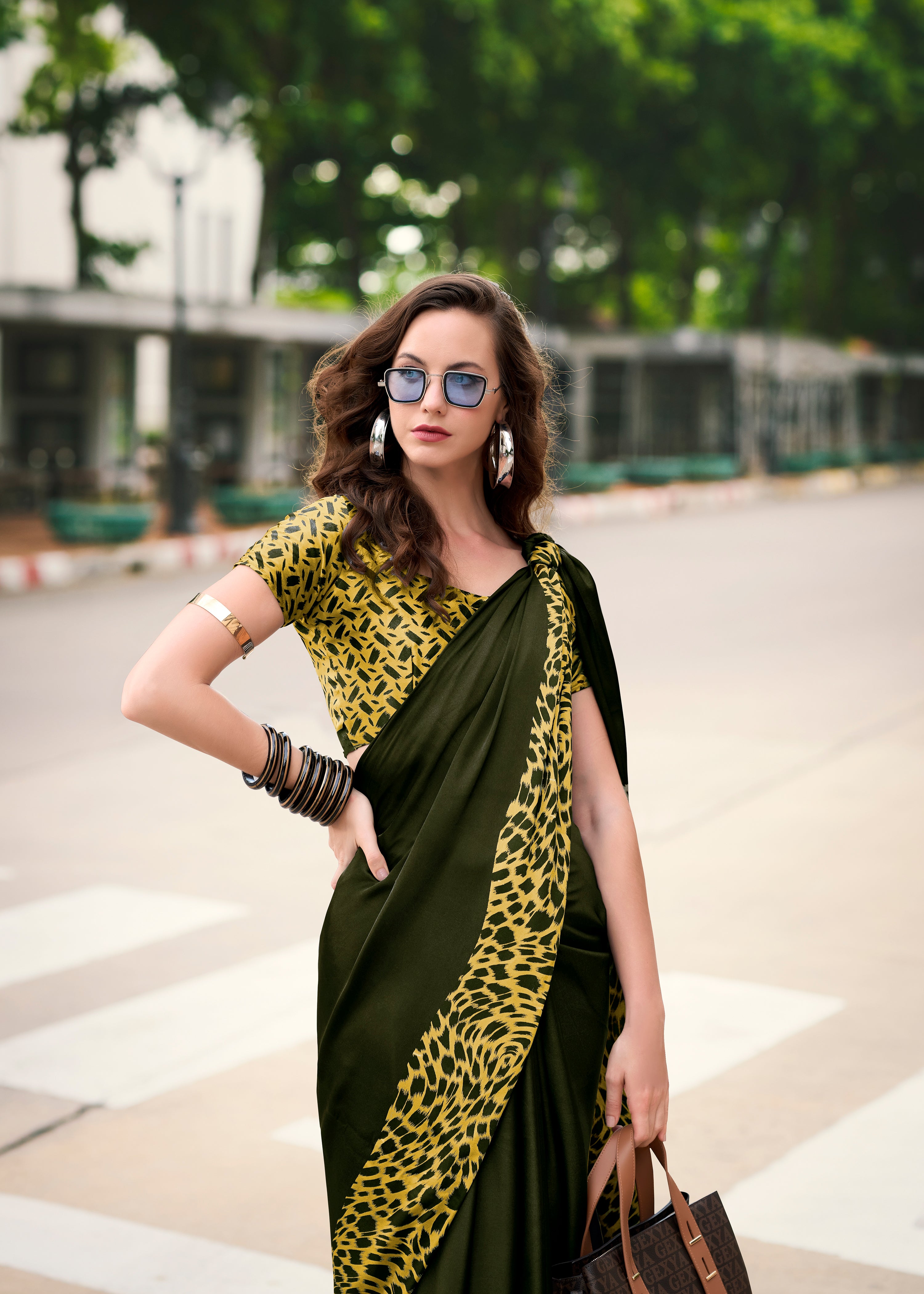 Majestic Royal Olive Green color Japan Sattin Saree