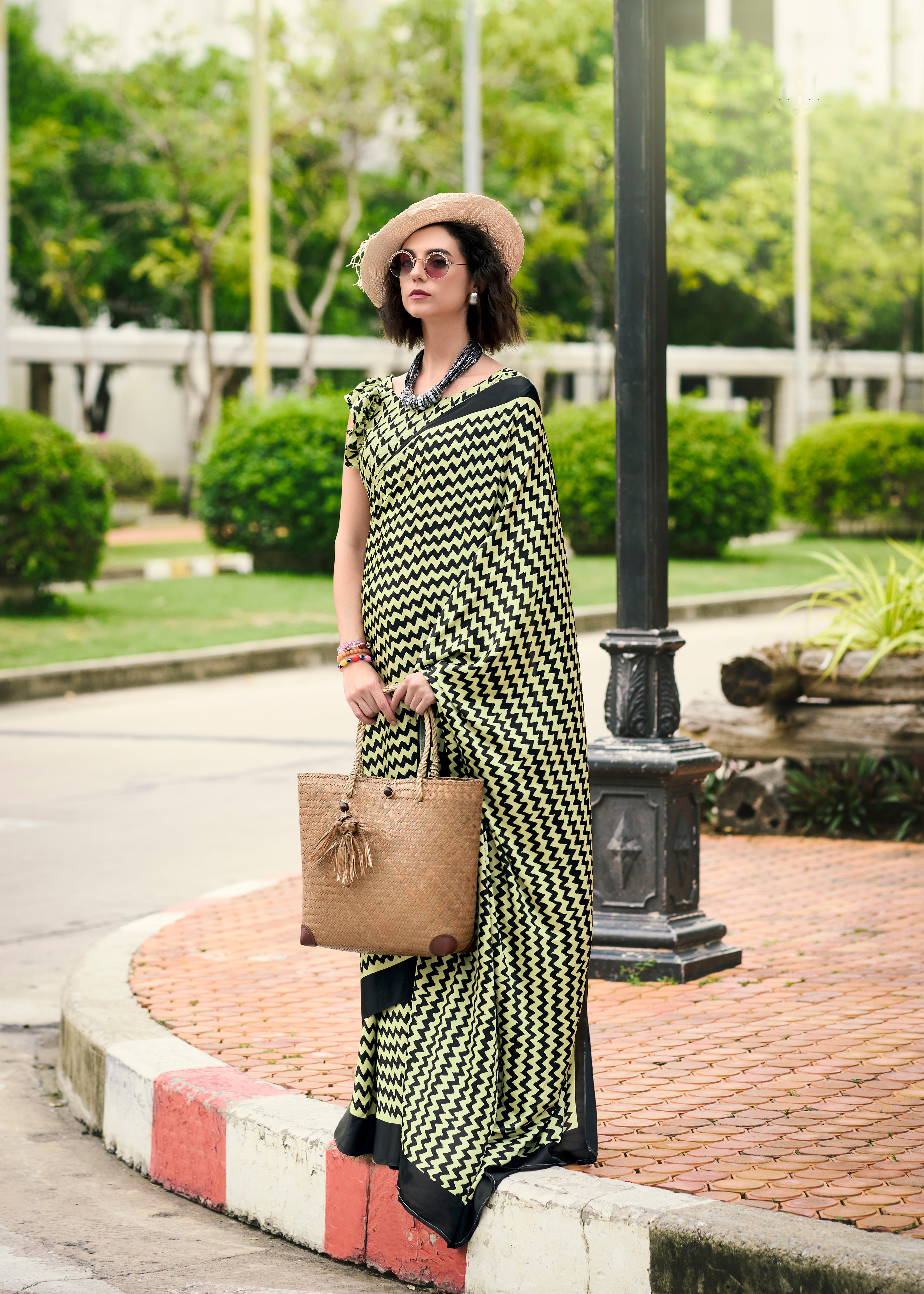 Majestic Green with Yellow color Japan Sattin Saree