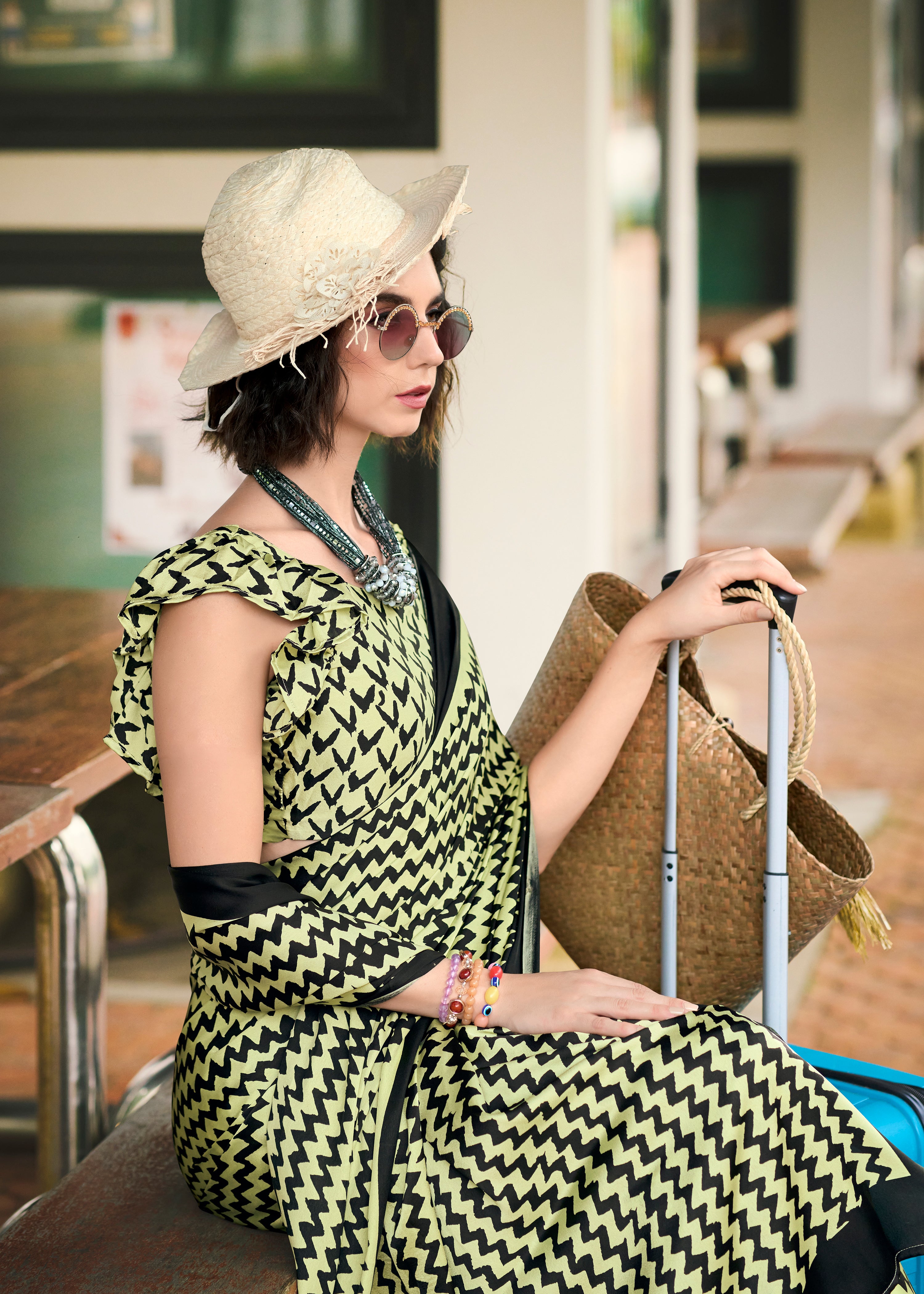 Majestic Green with Yellow color Japan Sattin Saree