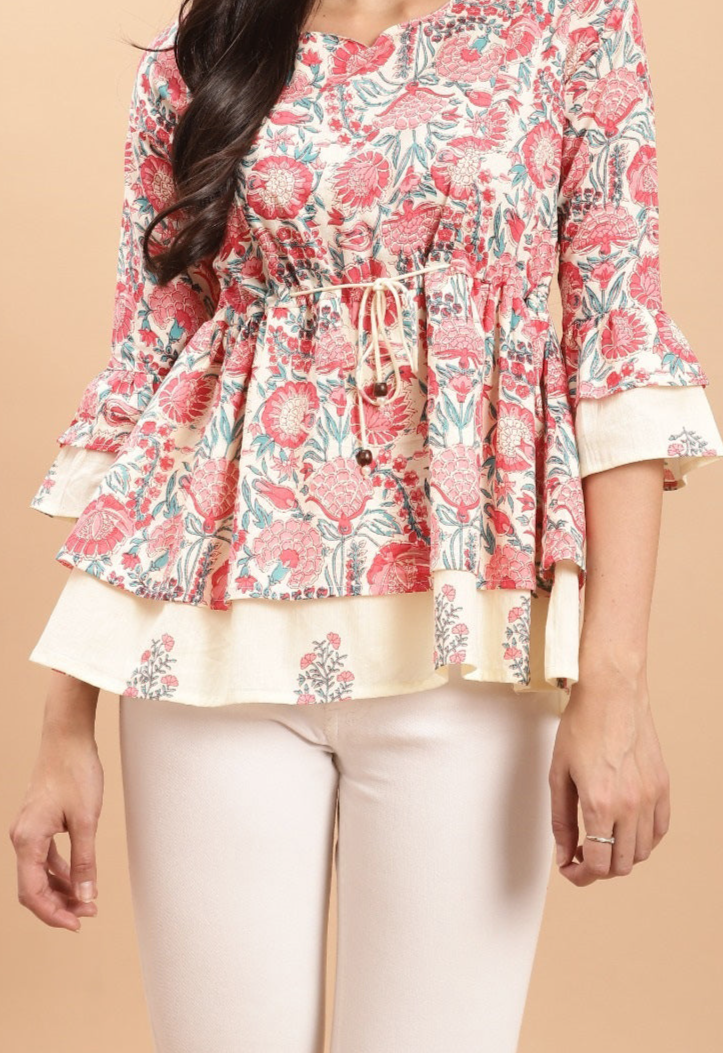 White Pink Short Top Kurti - Pure Cotton