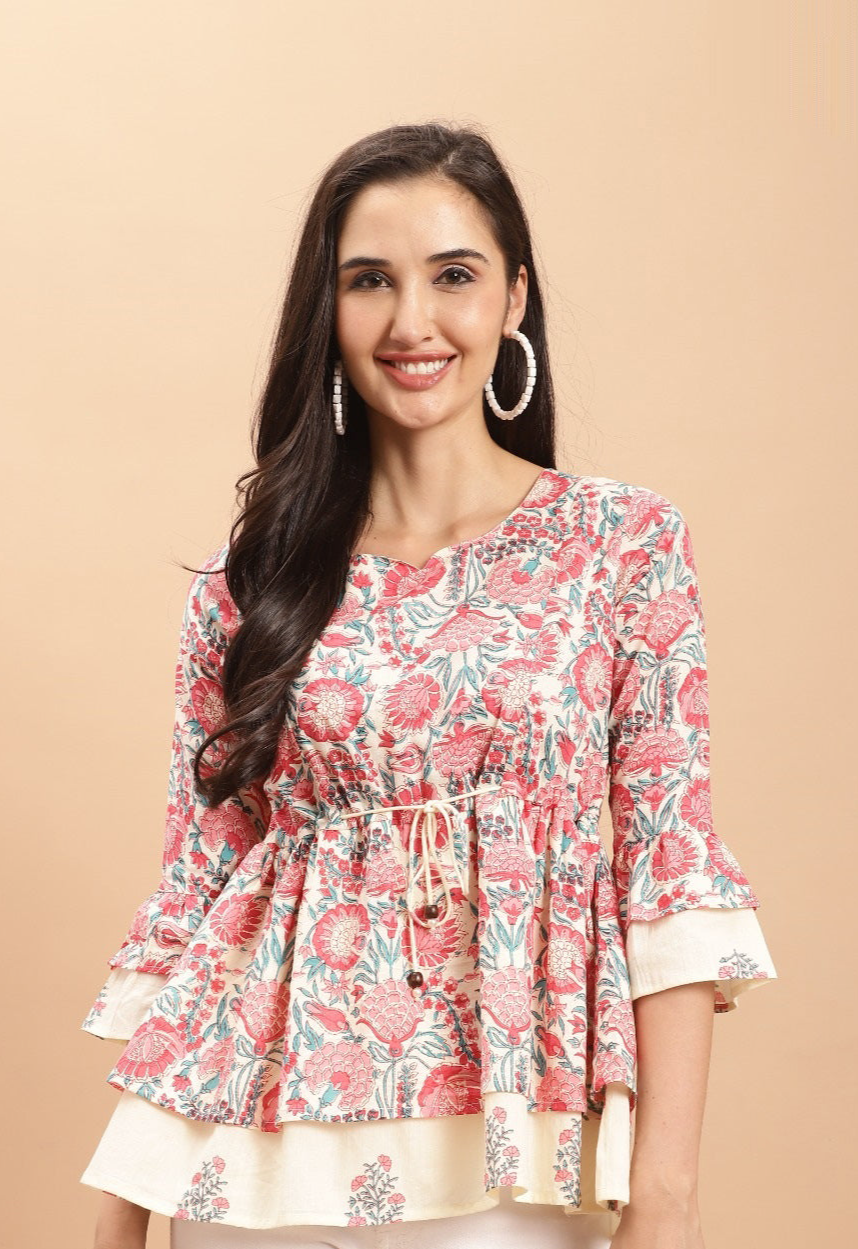 White Pink Short Top Kurti - Pure Cotton