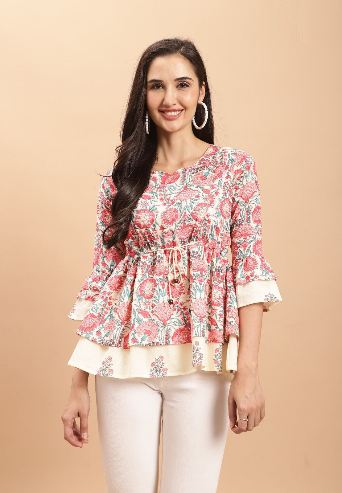 White Pink Short Top Kurti - Pure Cotton