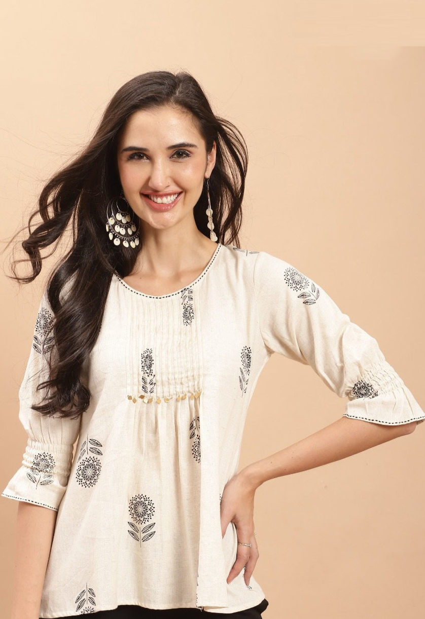 Cream Short Top Kurti- Pure Cotton