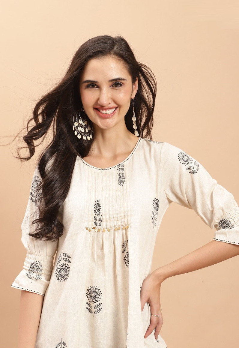 Cream Short Top Kurti- Pure Cotton