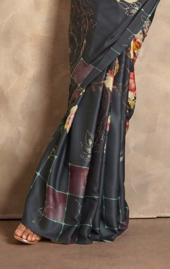 Metal Black Digital Printed Soft Silk Saree: