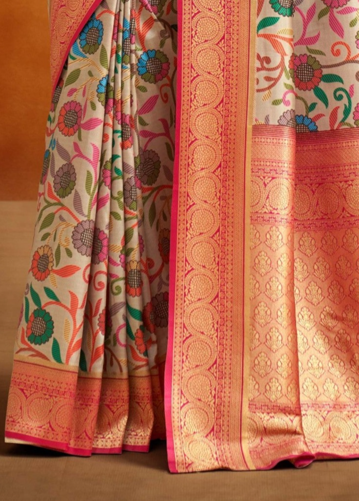 Dual Tone Cream and Pink Woven Banarasi Kalamkari Silk Saree