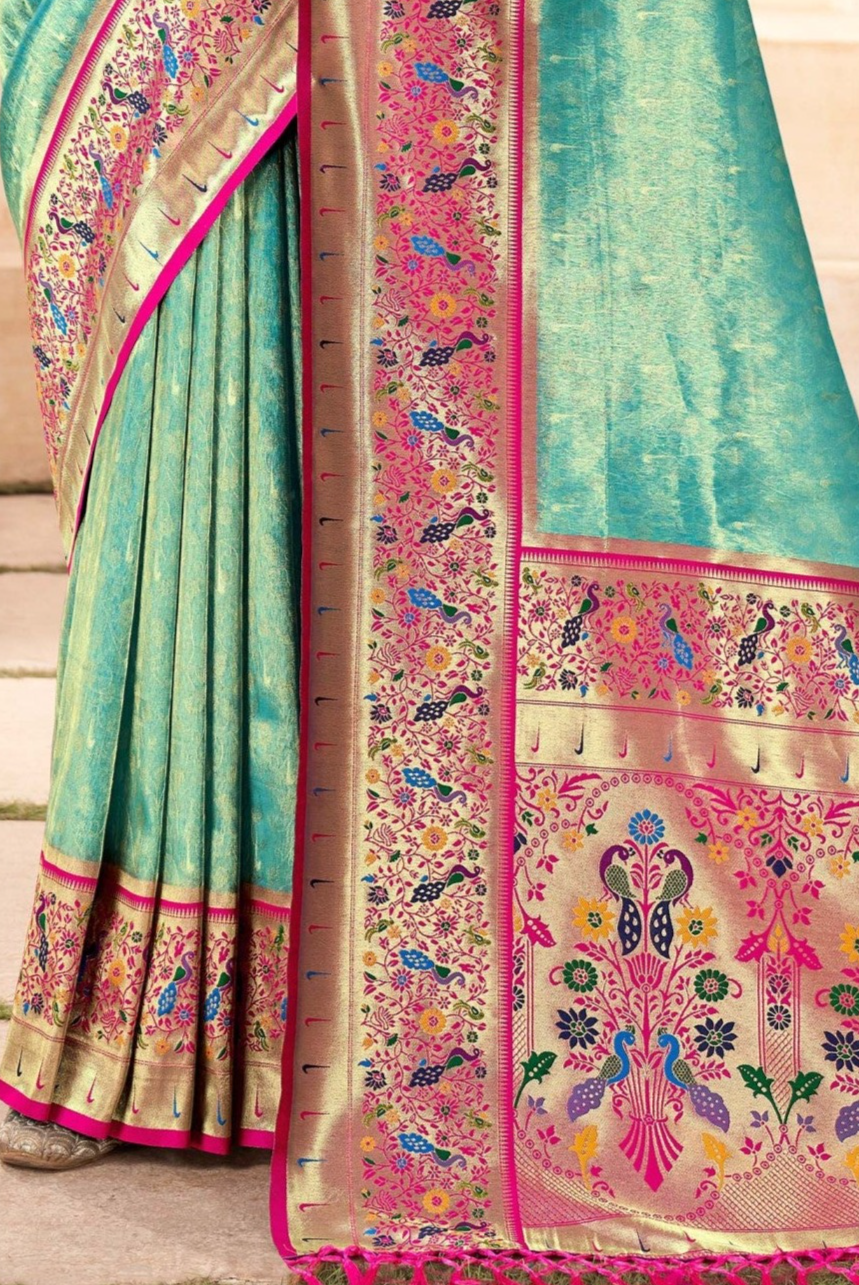 Exquisite Turquoise Zari Woven Banarasi Silk Saree