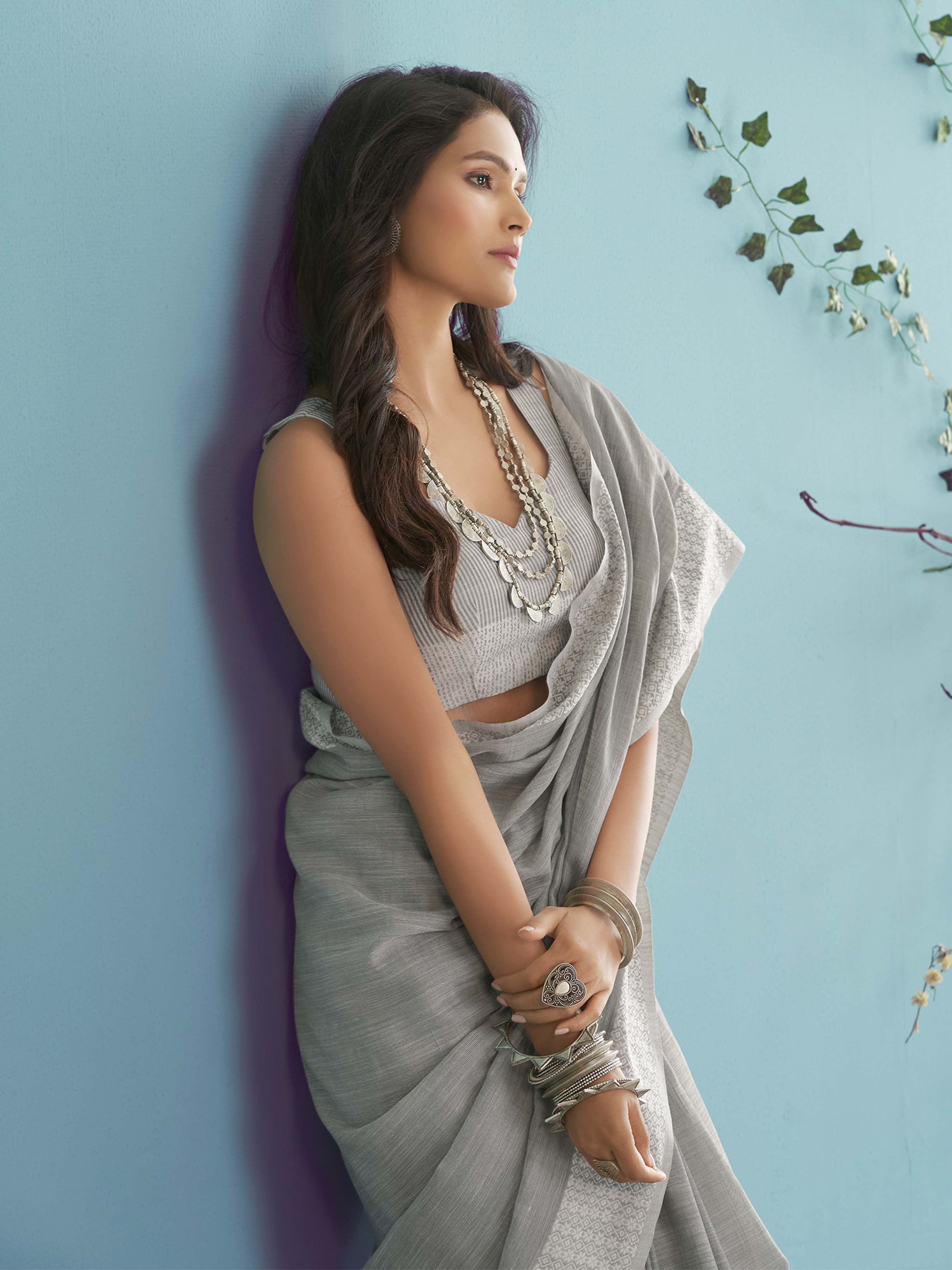 Elegant Smoke Grey Pure Cotton Saree