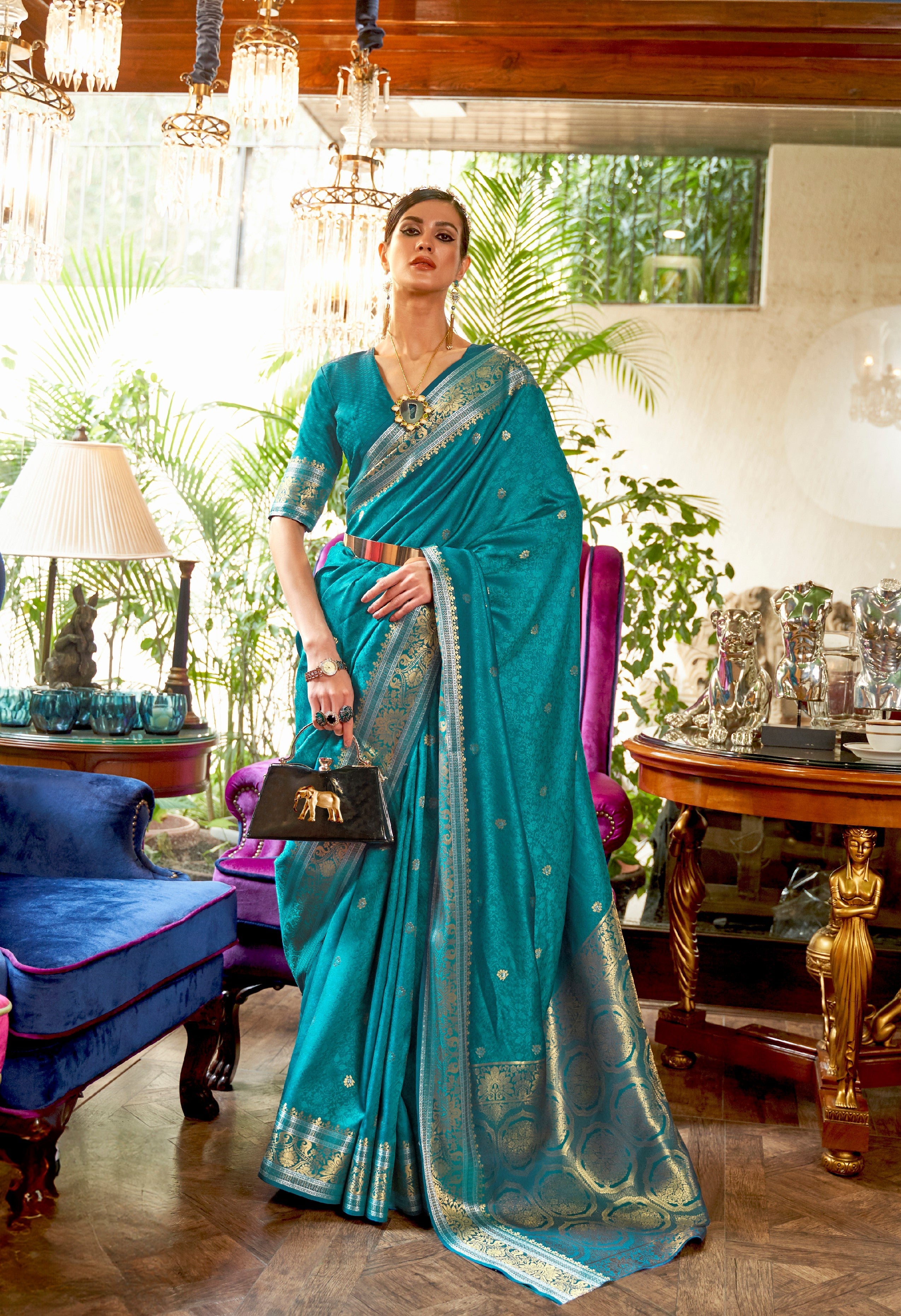 Sapphire Blue Woven Kanjivaram Silk Saree