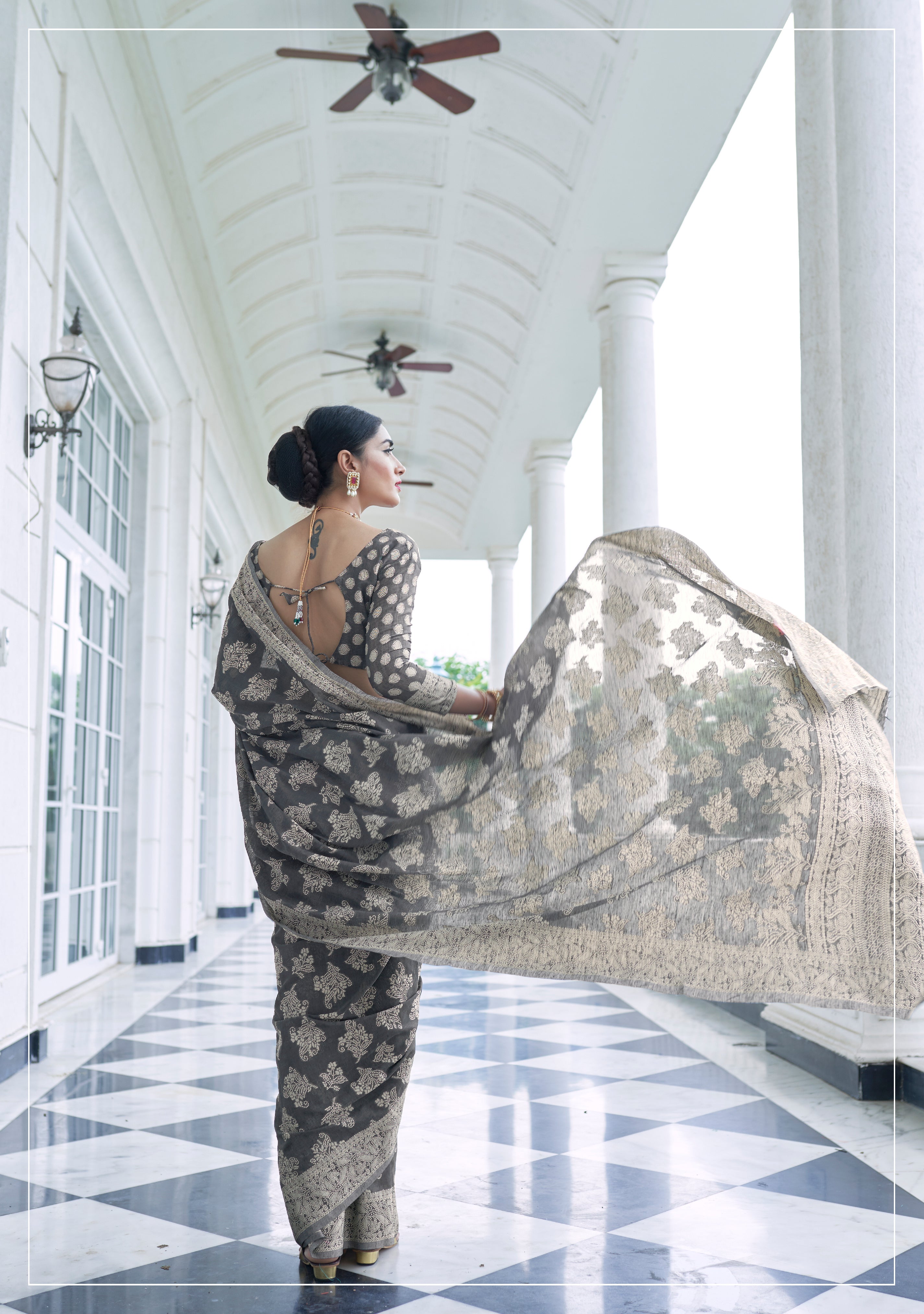 Silver Mist Grey Chikankari Cotton Saree: Graceful Glamour