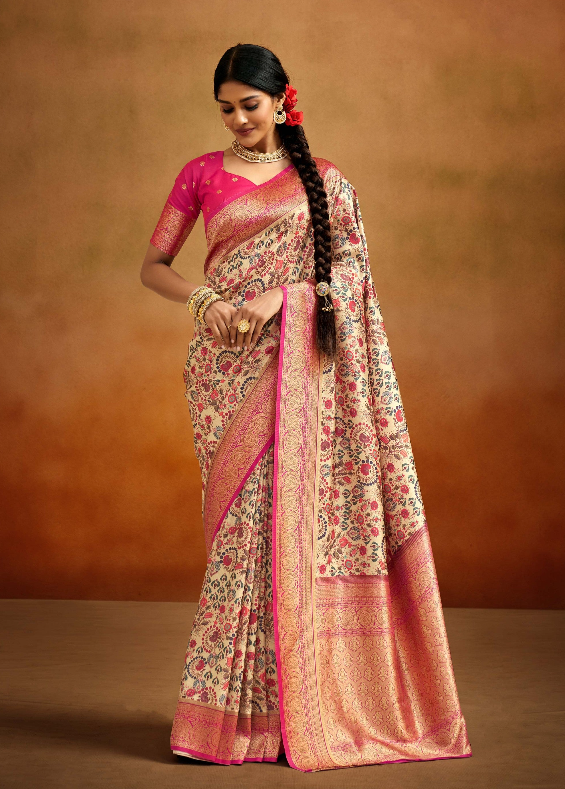 Mongoose Cream and Pink Dual Tone Banarasi Kalamkari Silk Saree