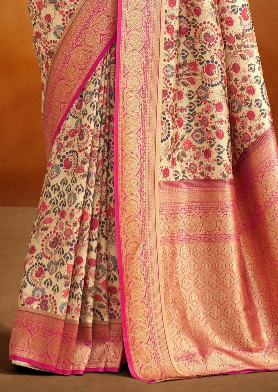 Mongoose Cream and Pink Dual Tone Banarasi Kalamkari Silk Saree