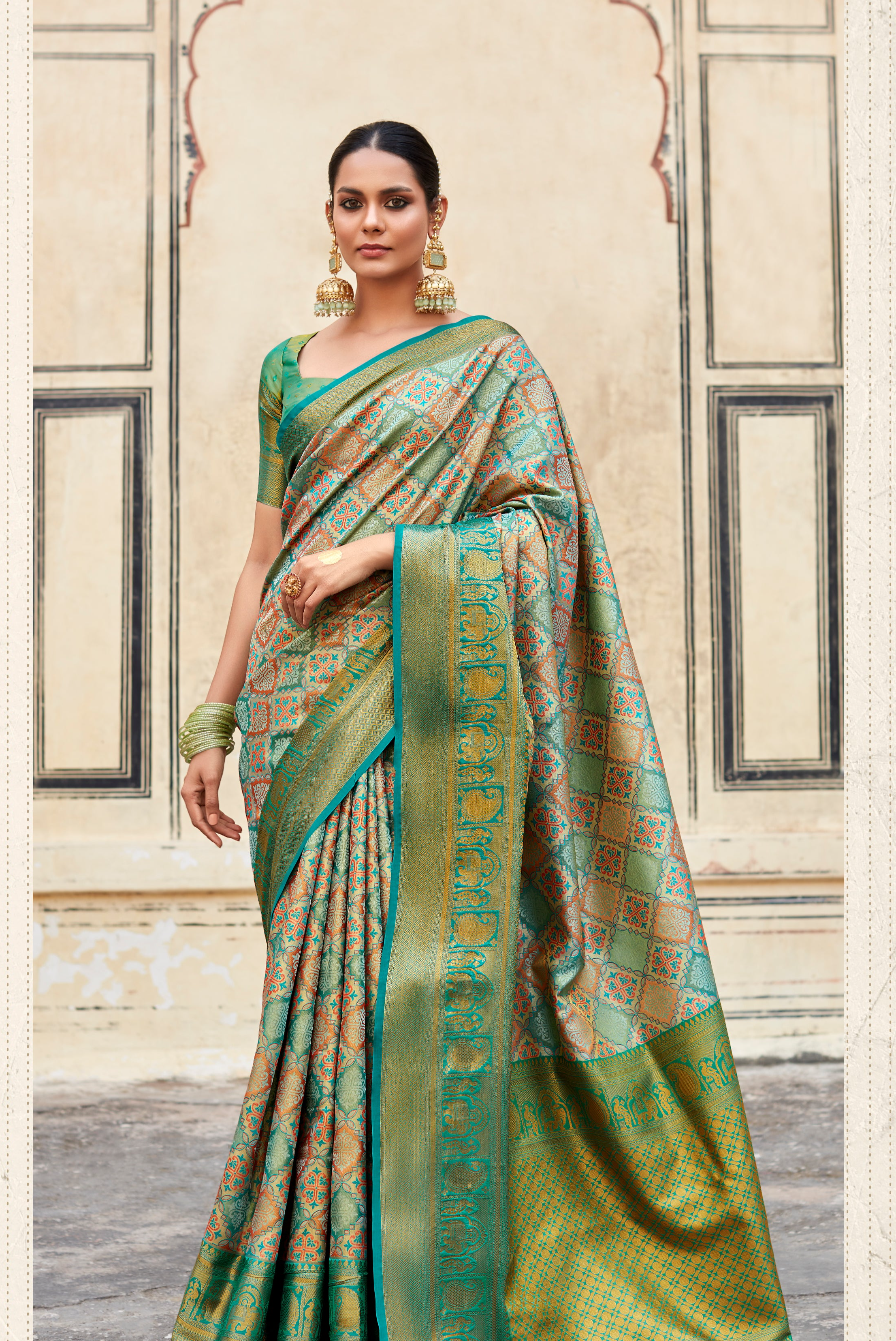 Sapphire Grove Green and Blue Woven Banarasi Silk Saree