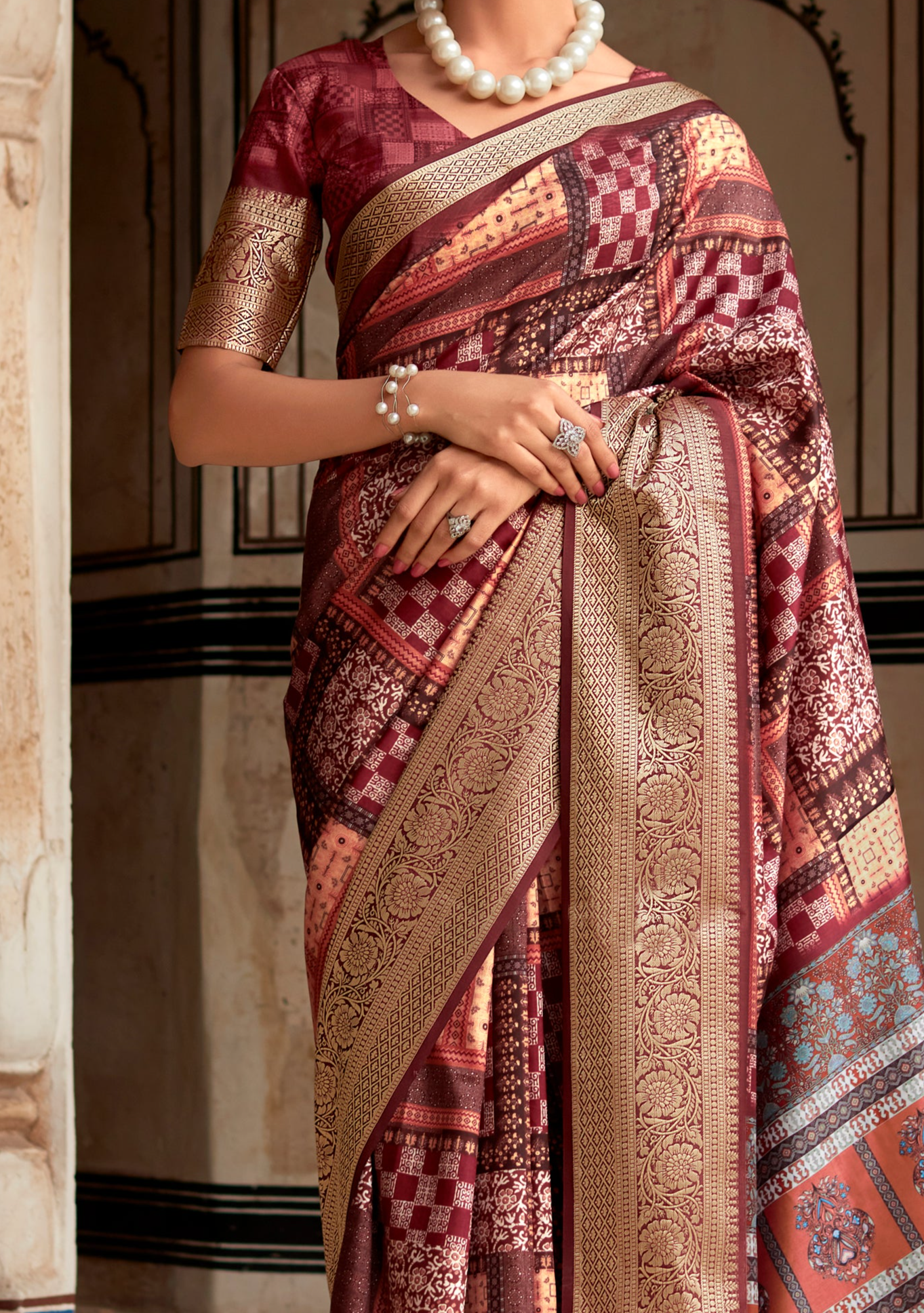 Wine Maroon Banarasi Printed Silk Saree