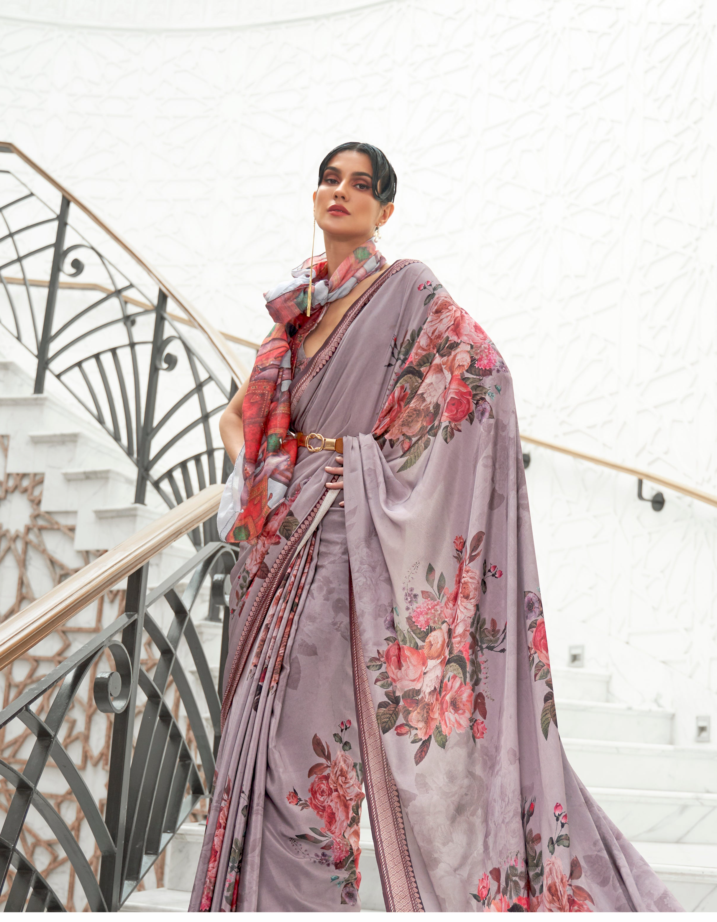 Ebony Grey Kalamkari Printed Crepe Saree