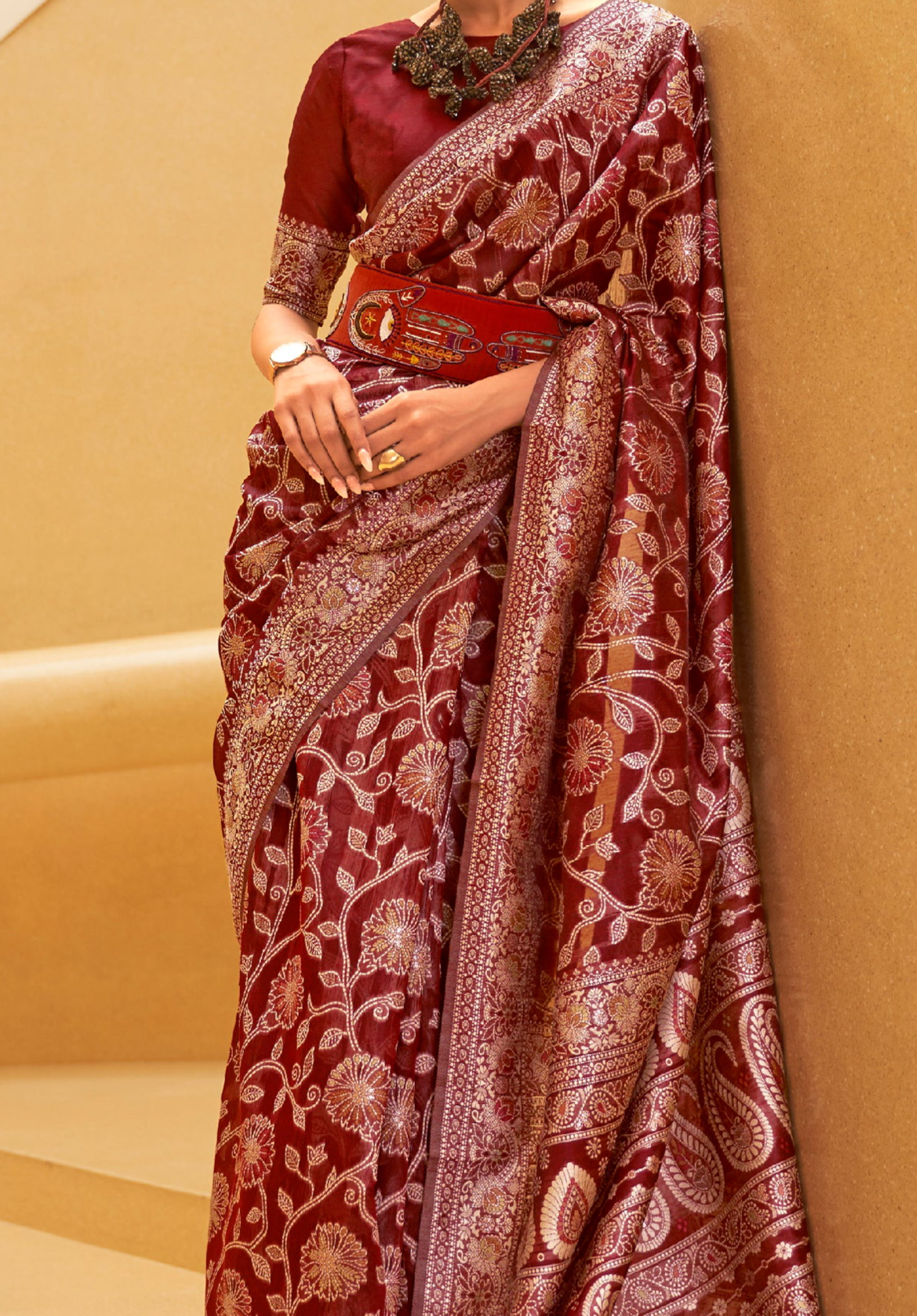 Crimson Elegance Woven Lucknowi Chikankari Saree