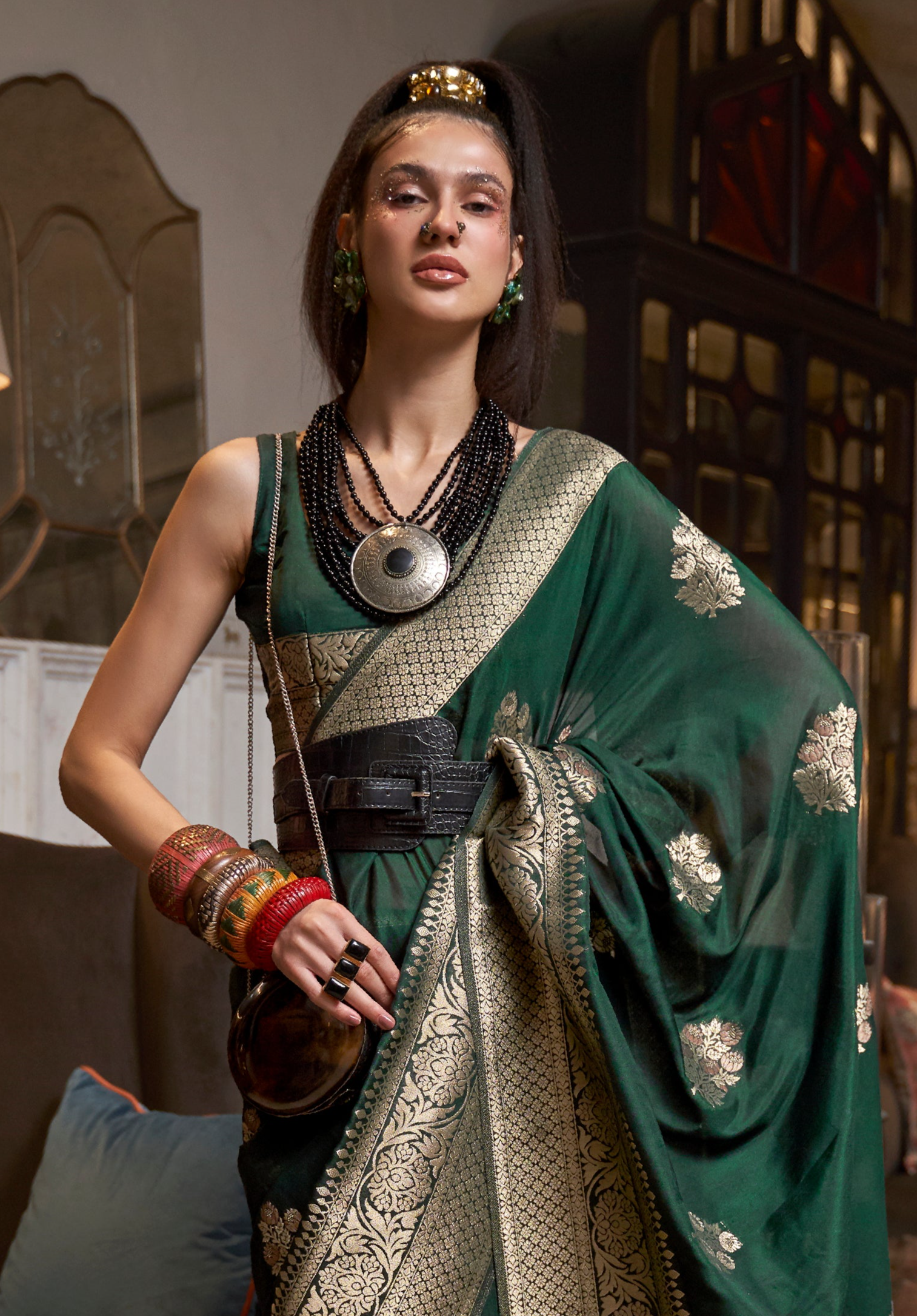 Verdant Dark Green Woven Georgette Silk Saree