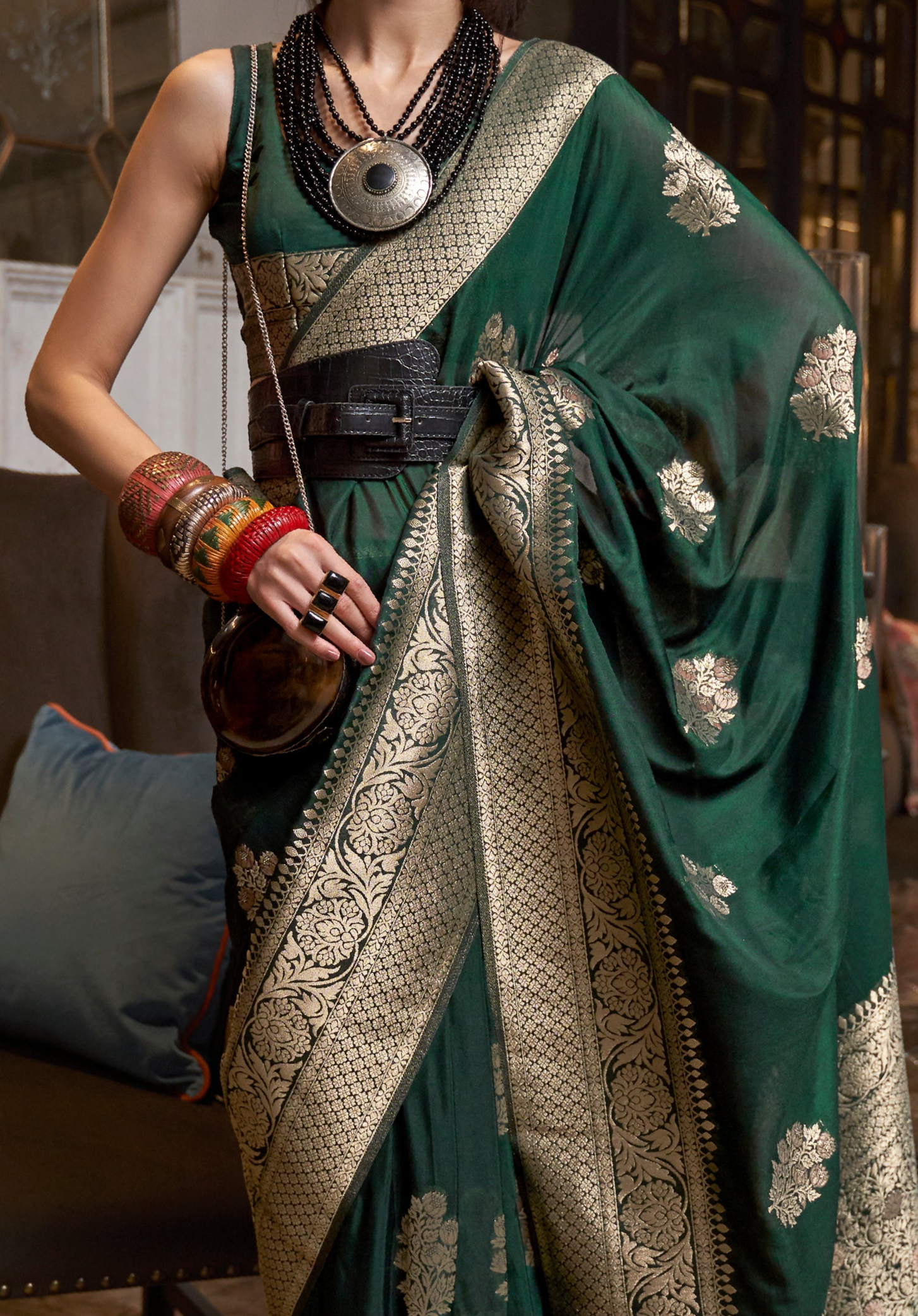 Verdant Dark Green Woven Georgette Silk Saree