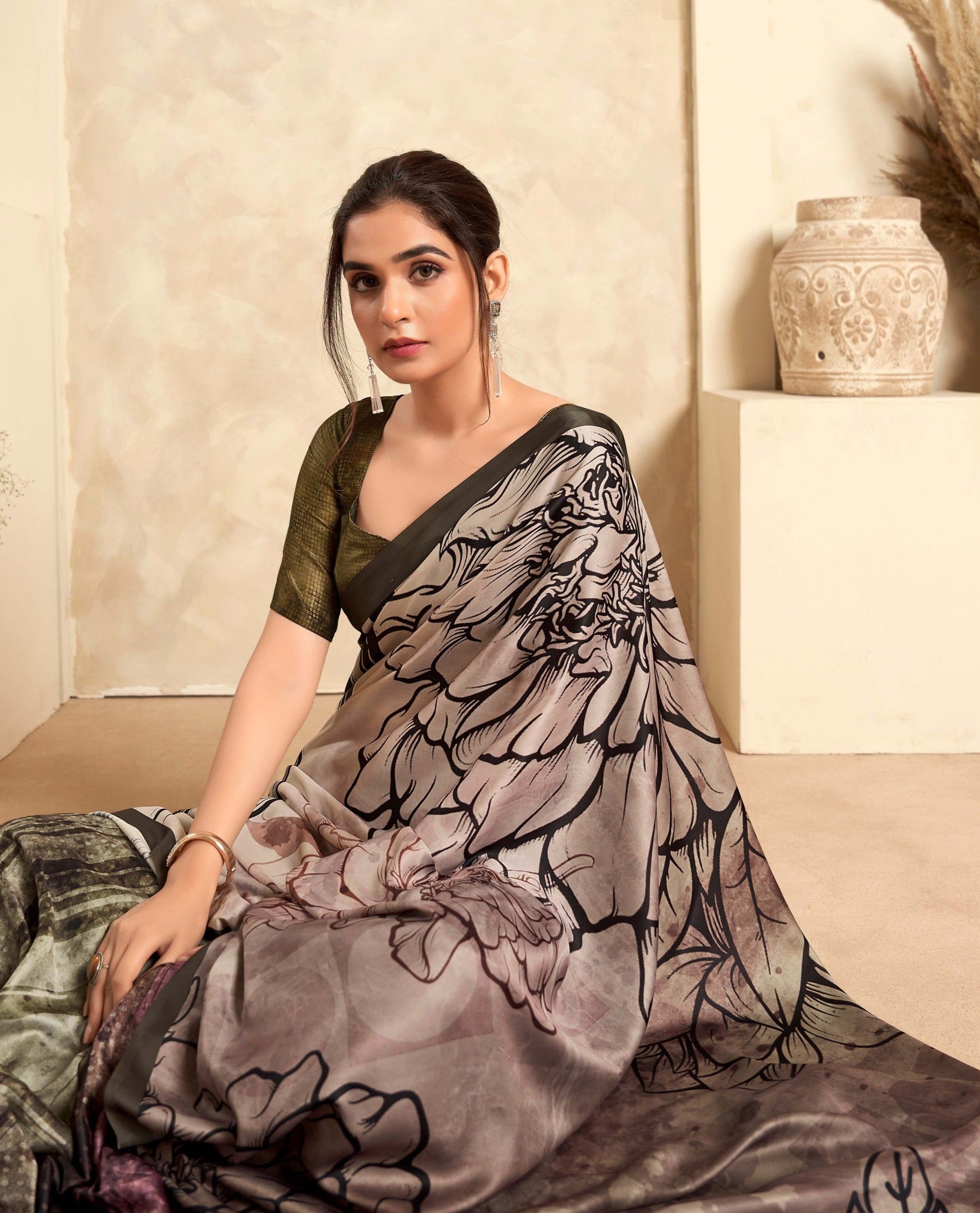 Sardine Grey and Green Digital Printed Soft Silk Saree