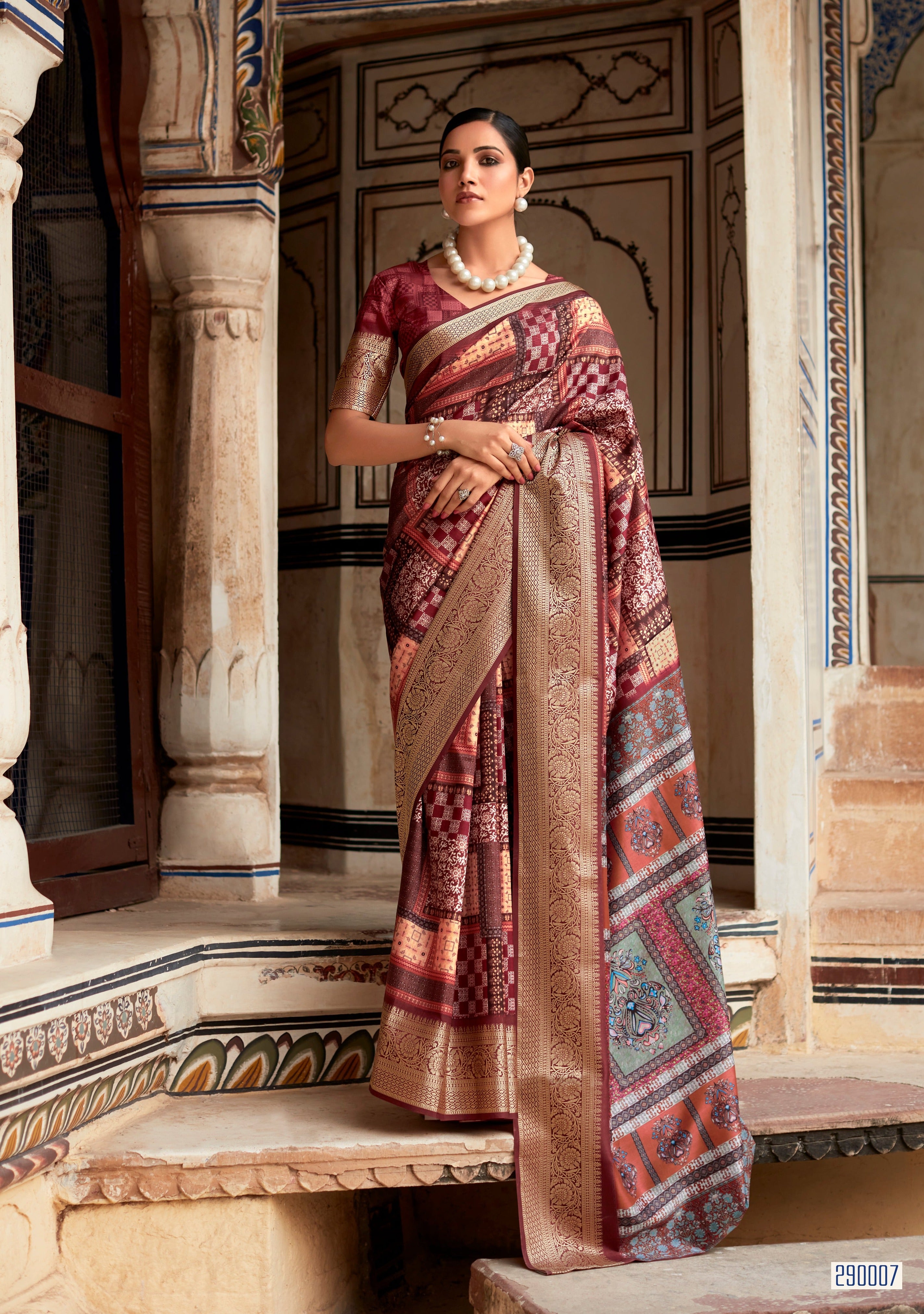 Wine Maroon Banarasi Printed Silk Saree