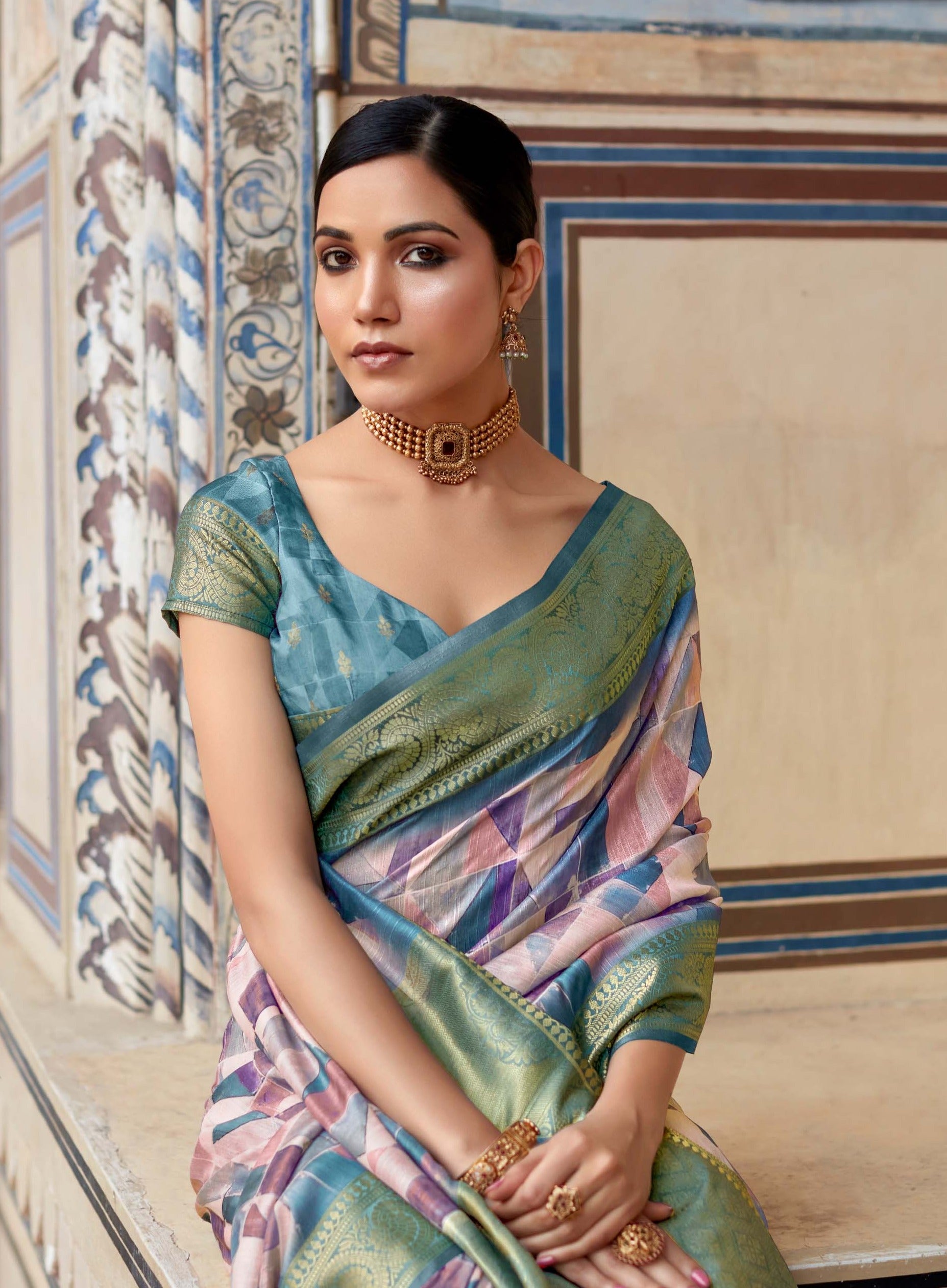 Stunning Azure Blue and Green Banarasi Printed Silk Saree