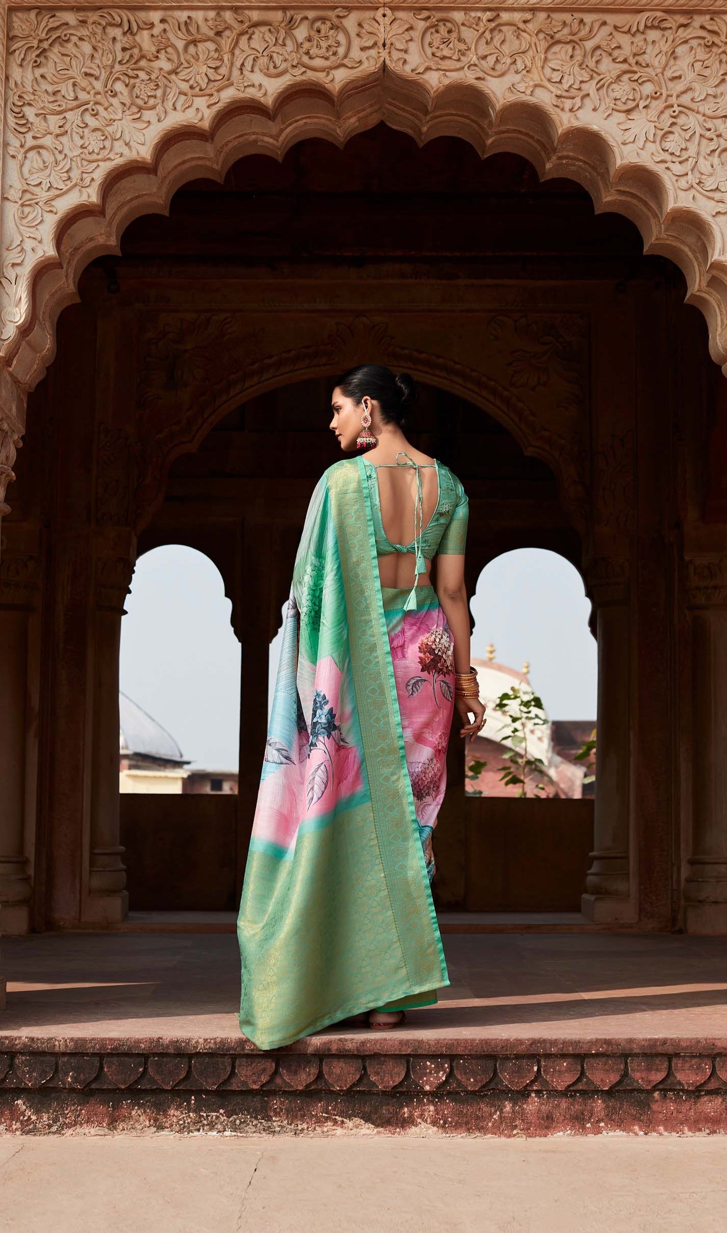 Sea Green and Pink Digital Printed Soft Silk Saree