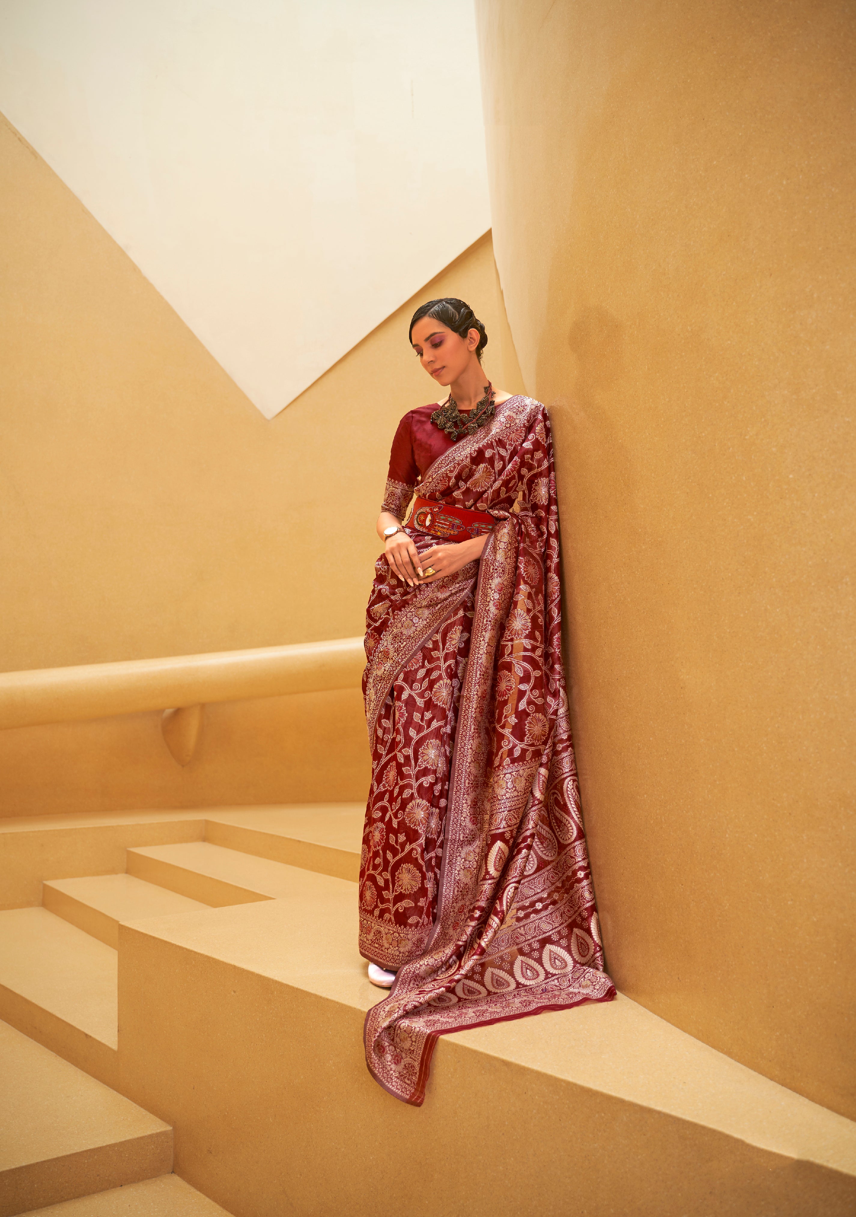 Crimson Elegance Woven Lucknowi Chikankari Saree