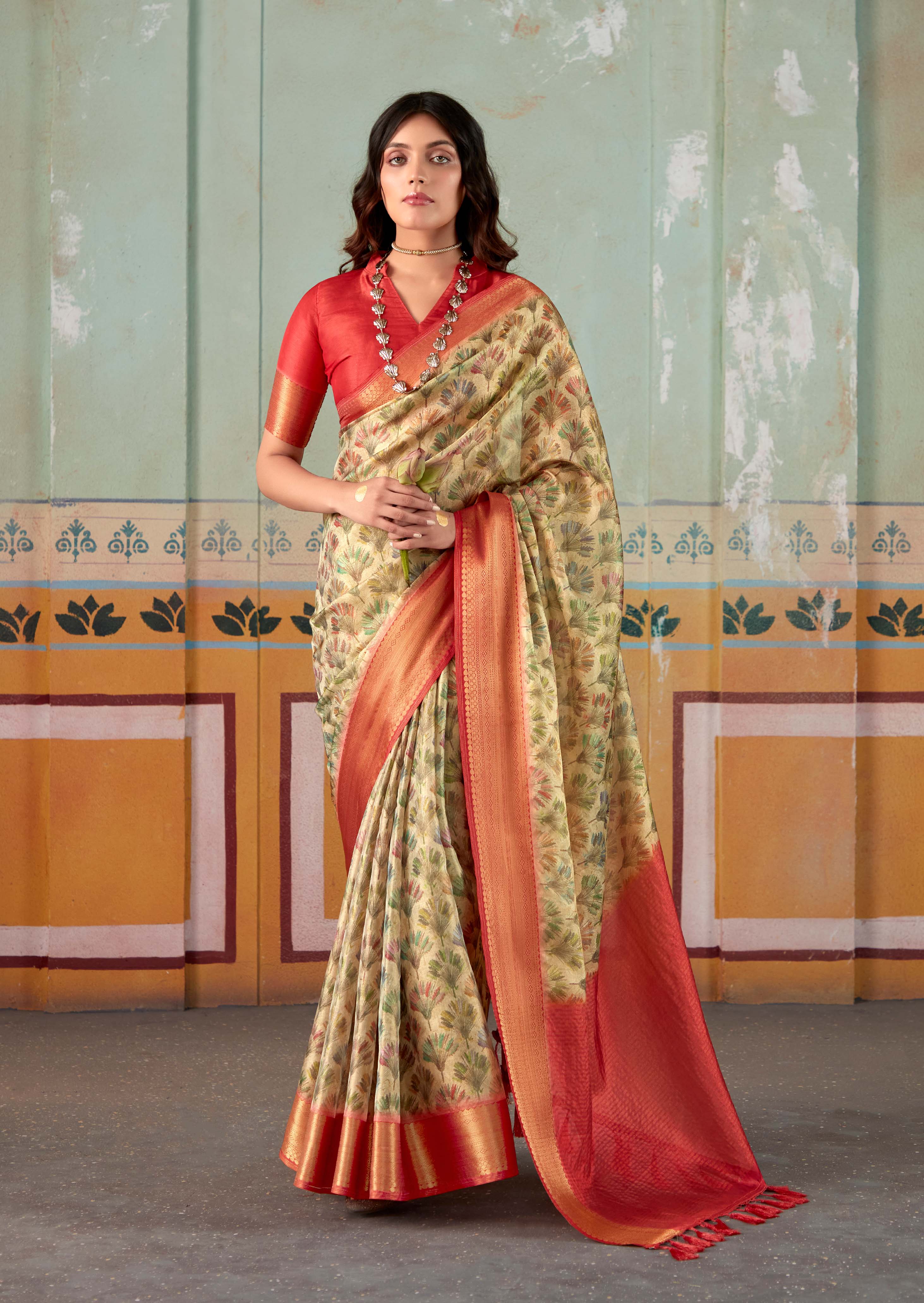 Exquisite Jade Green and Red Banarasi Tissue Silk Saree