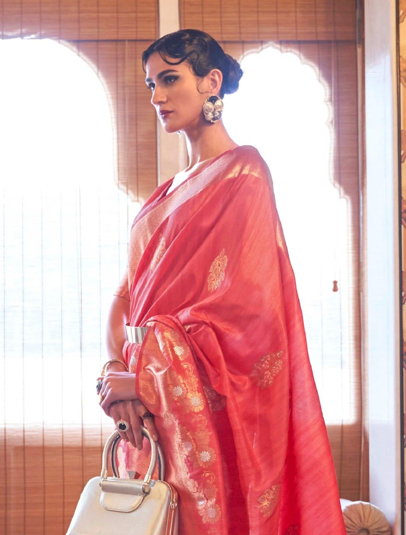 Elegant Crimson Zari Woven Tussar Silk Saree