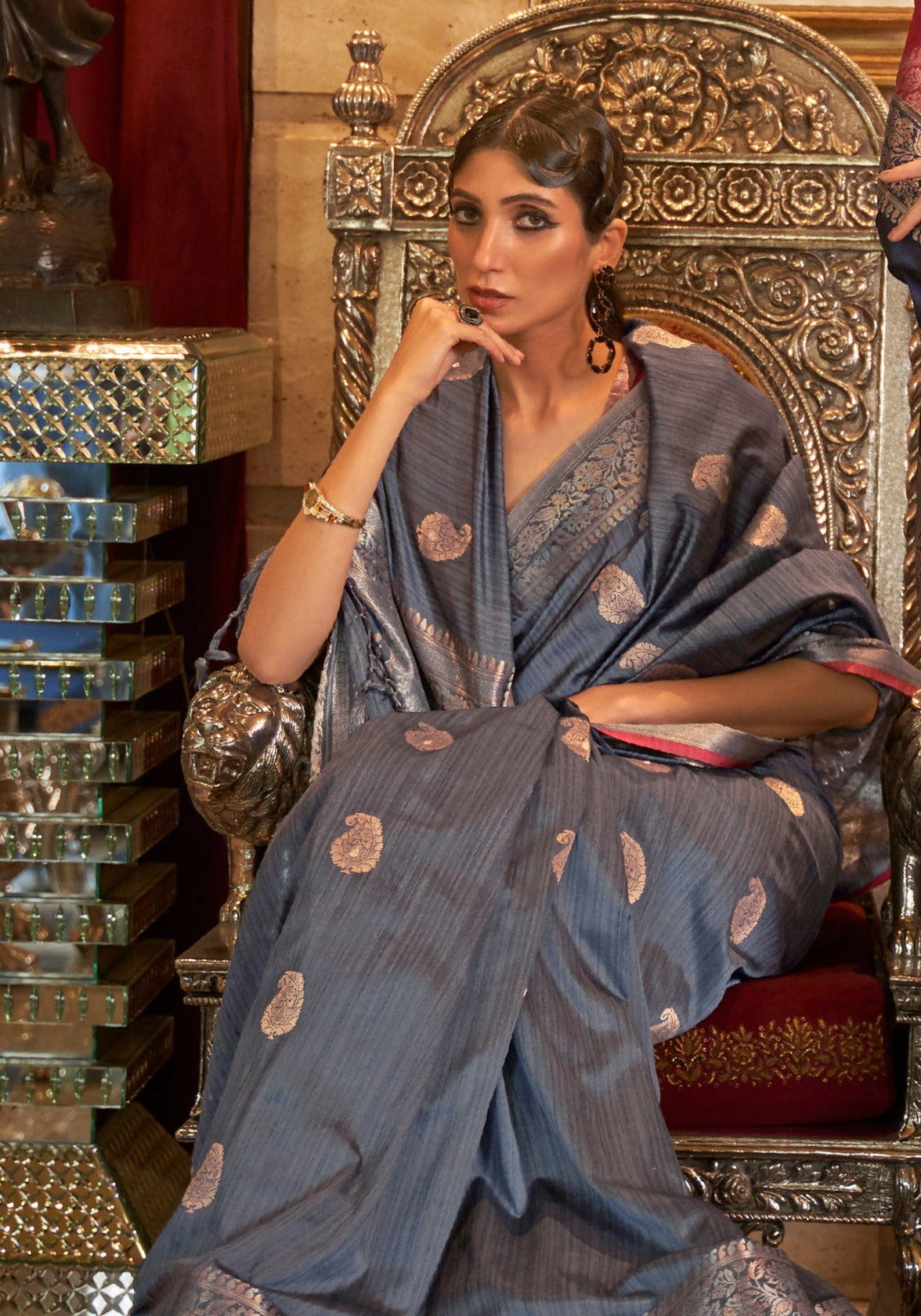 Dove Grey Zari Woven Tussar Saree