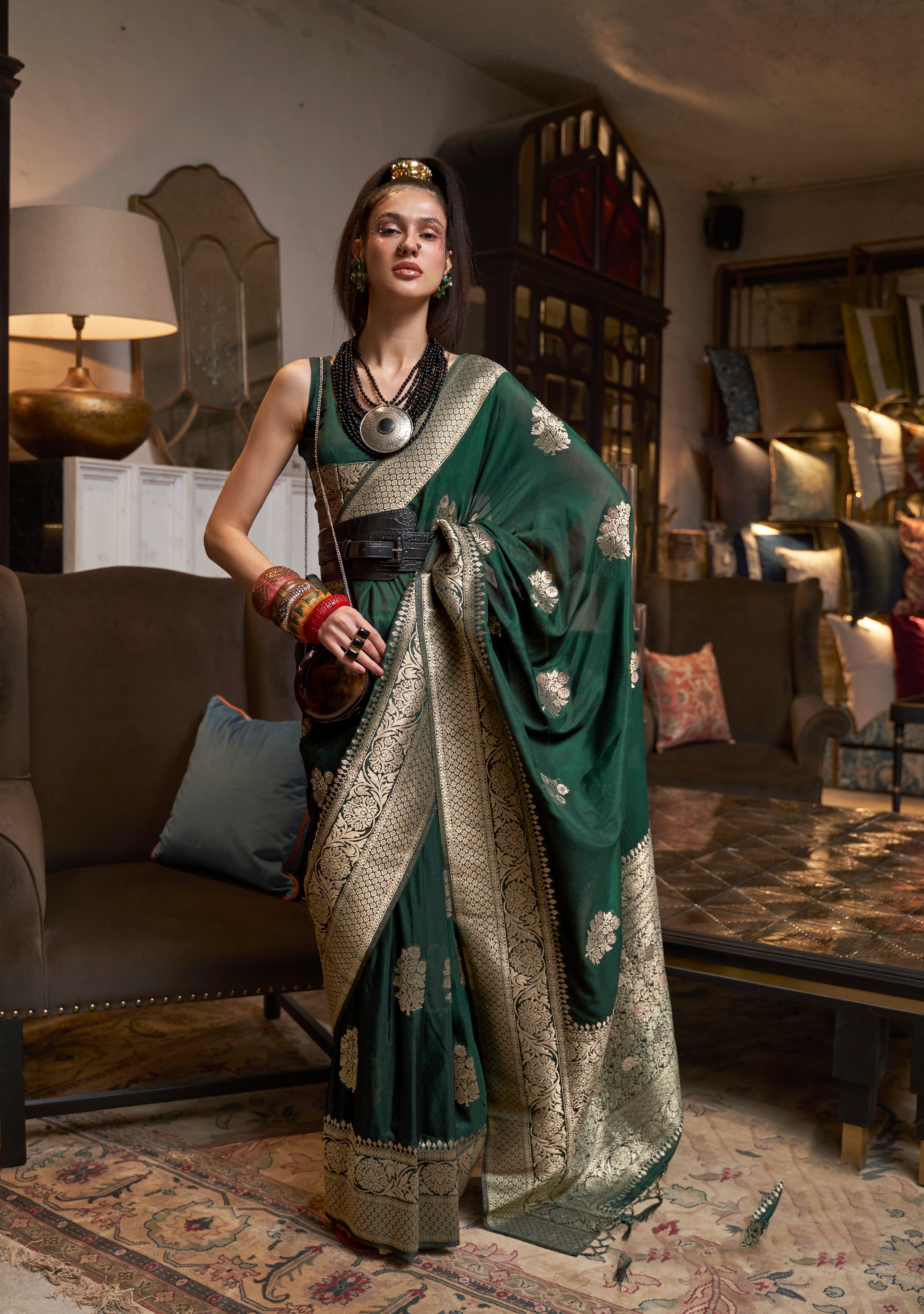 Verdant Dark Green Woven Georgette Silk Saree