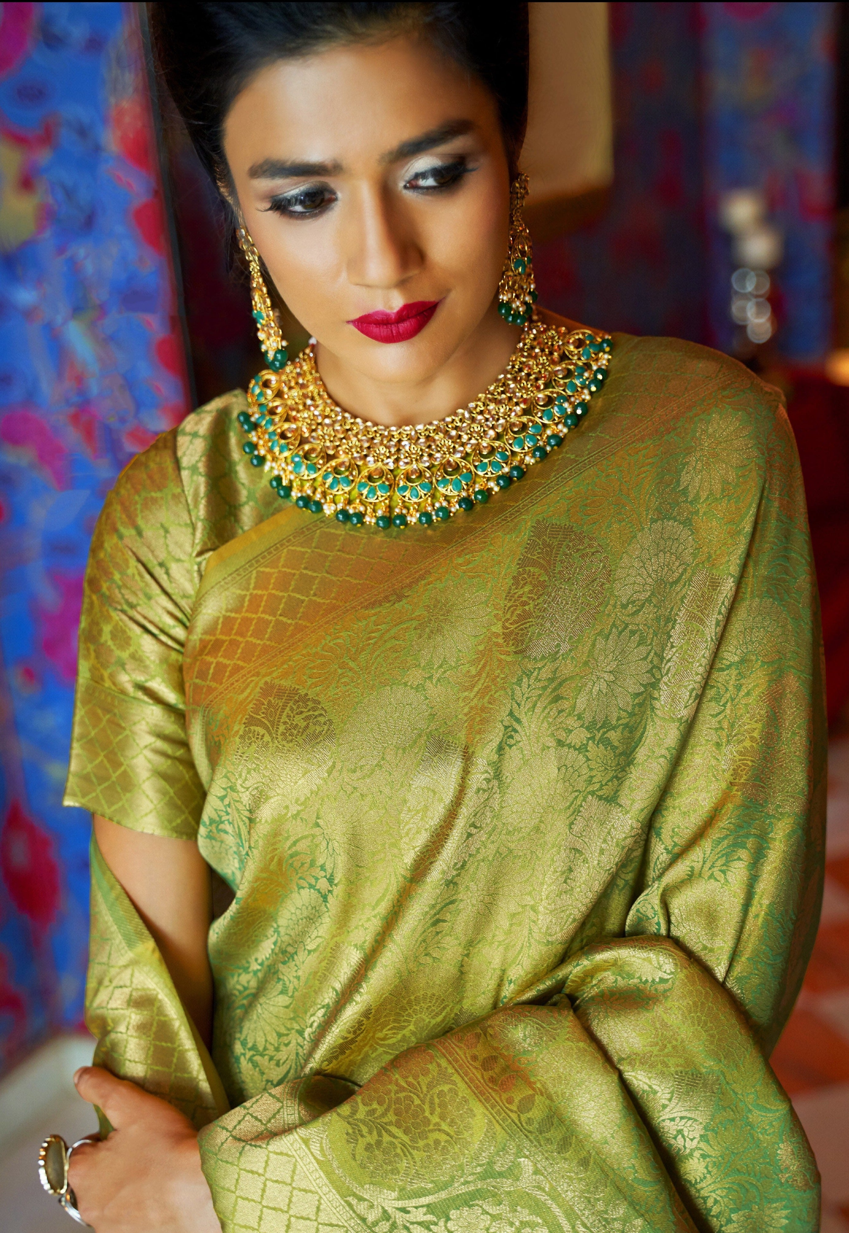 Golden Olive Zari woven Kanjivaram saree