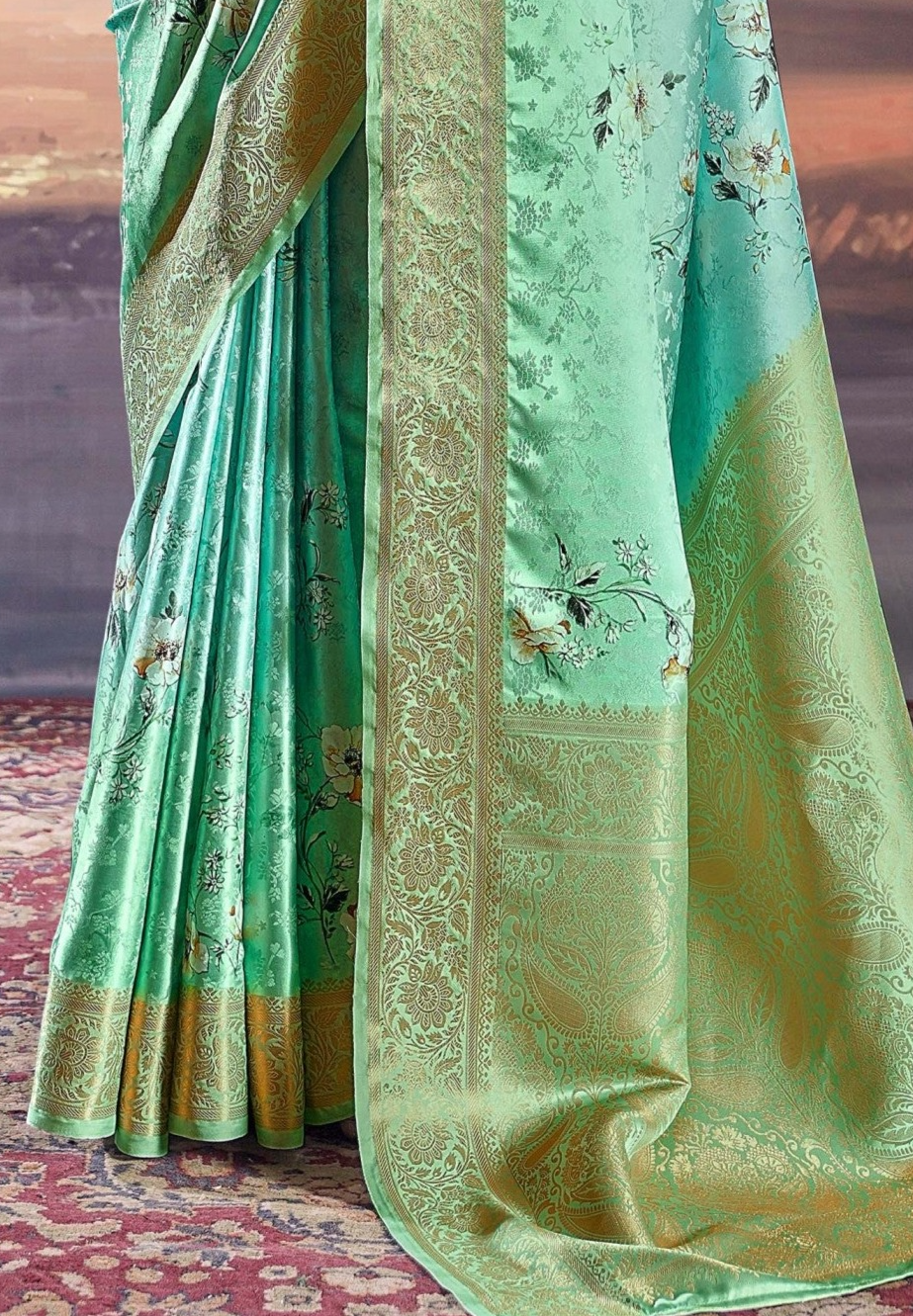 Sea Green Digital Floral Printed Pure Satin Silk Saree