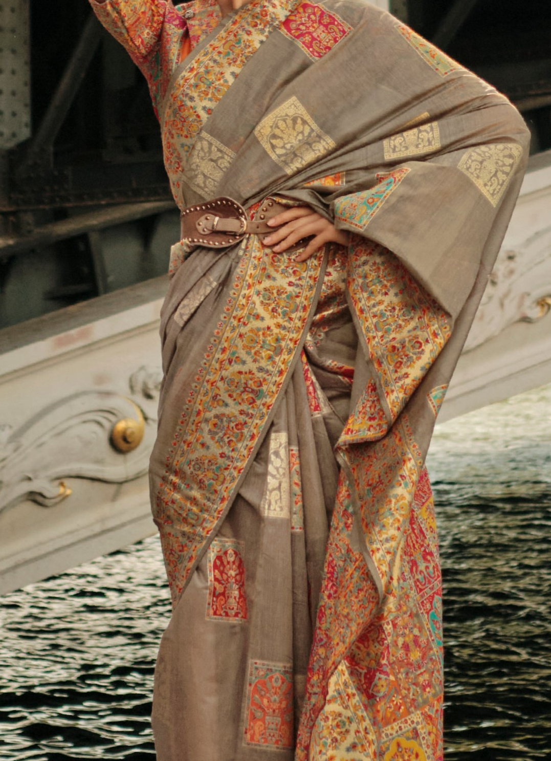 Graceful Light Brown Kashmiri Jamewar Handloom Saree