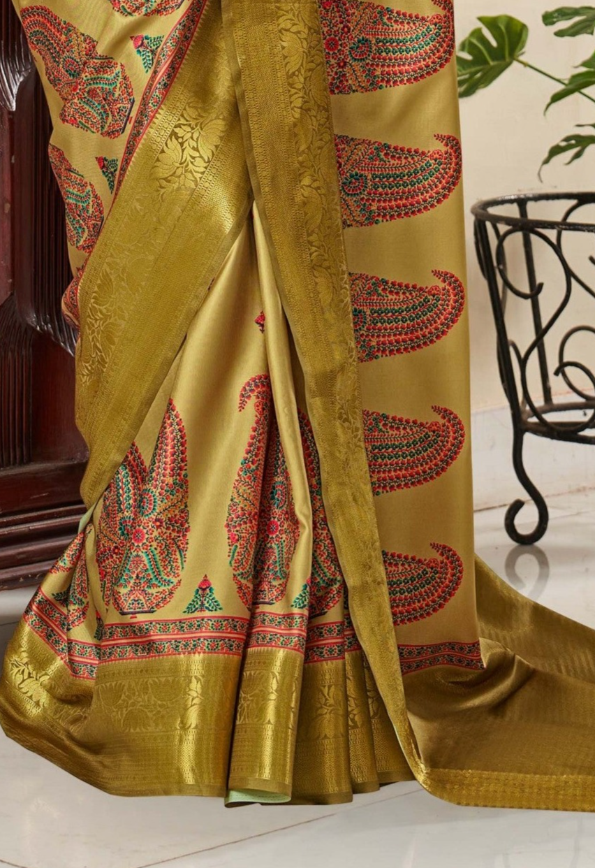 Enchanted Mehndi Green Satin Silk Saree