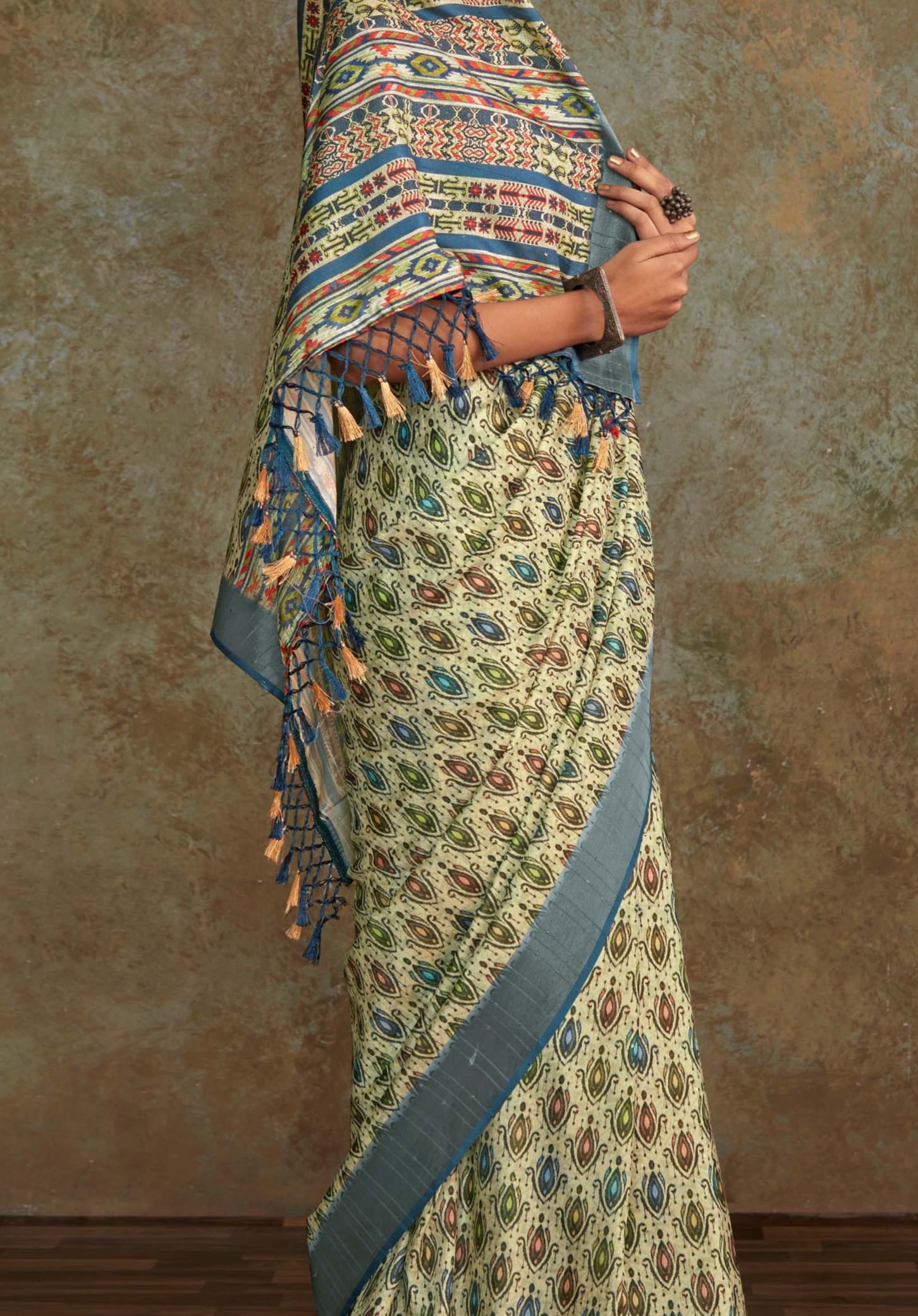 Elegant Off Green Banarasi Digital Printed Saree