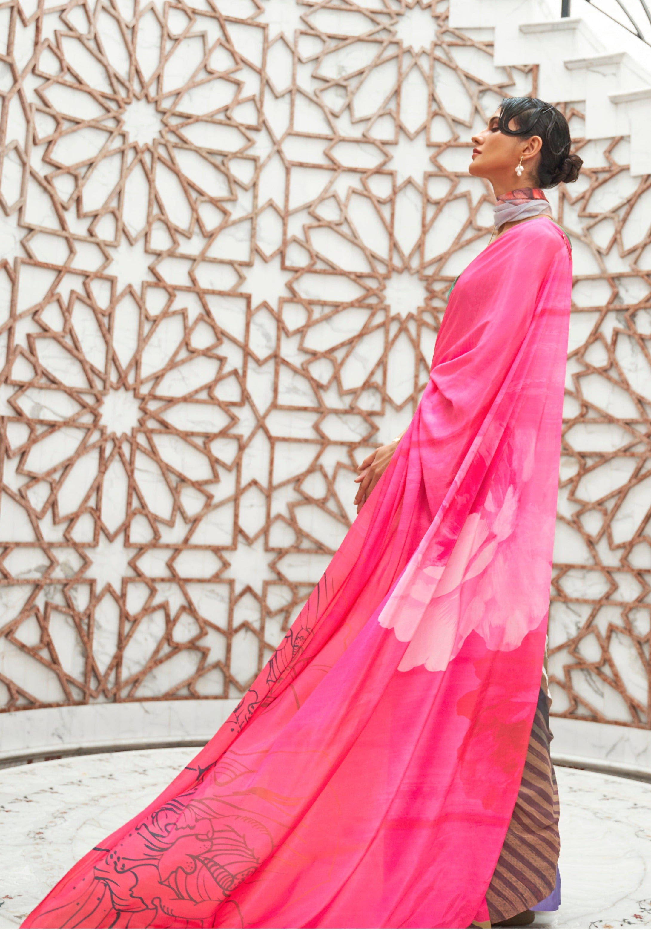 Fuchsia Pink Kalamkari Printed Crepe Saree