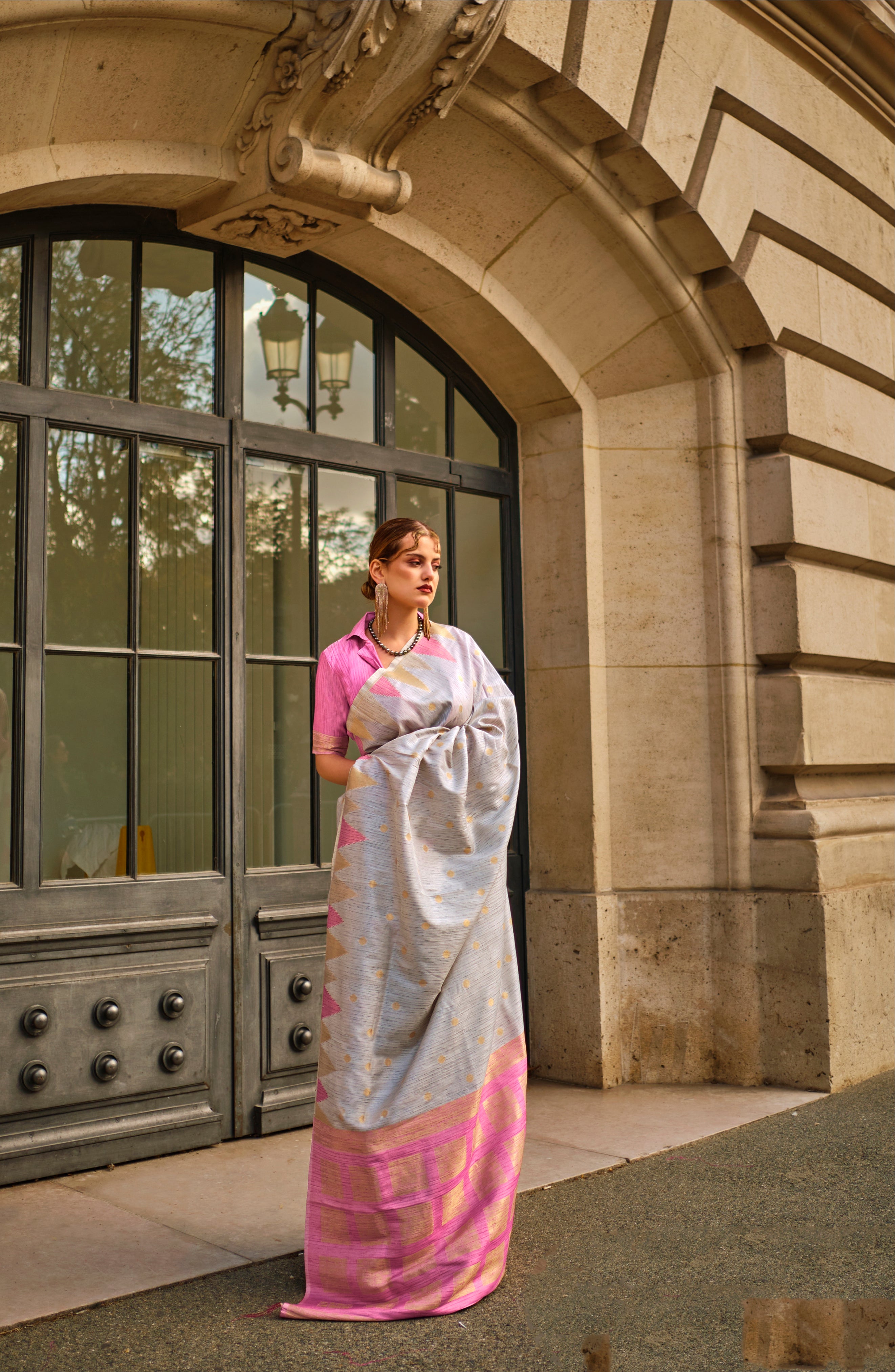 Charming Light Pink Woven Khadi Temple Border Saree