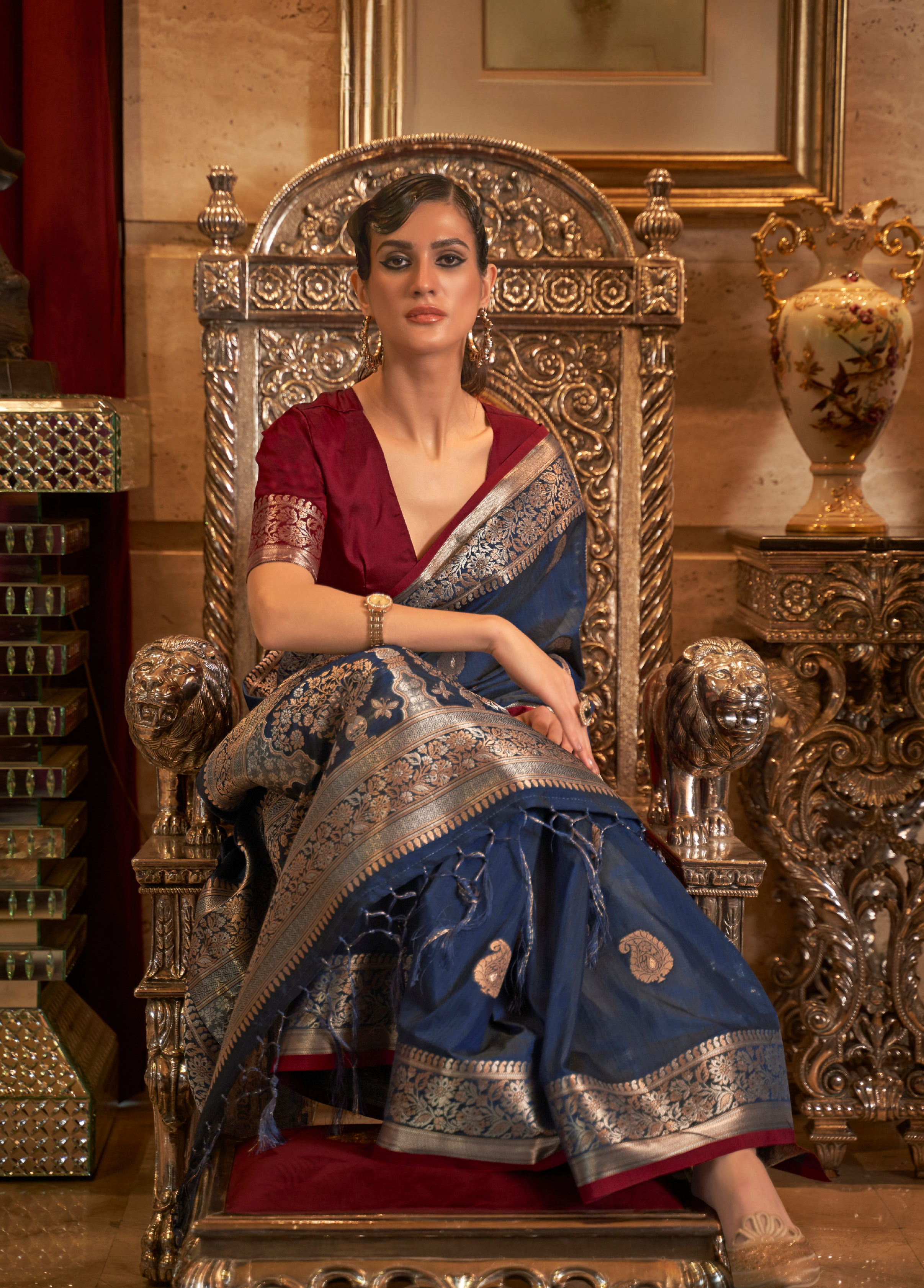 Twilight Dark Blue Zari Woven Tussar Saree