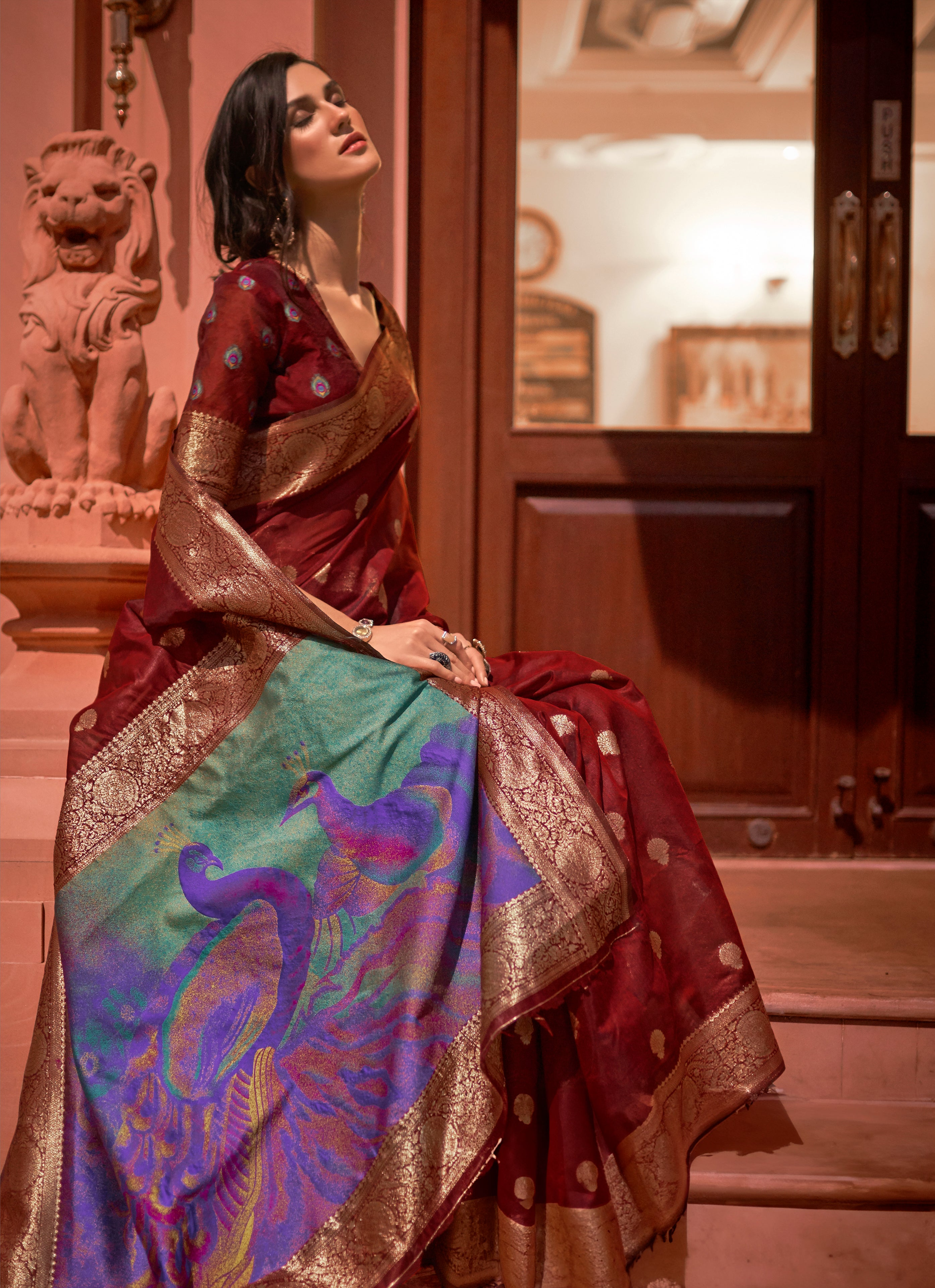 Maroon Zari Woven Banarasi Silk Saree with Peacock Pallu