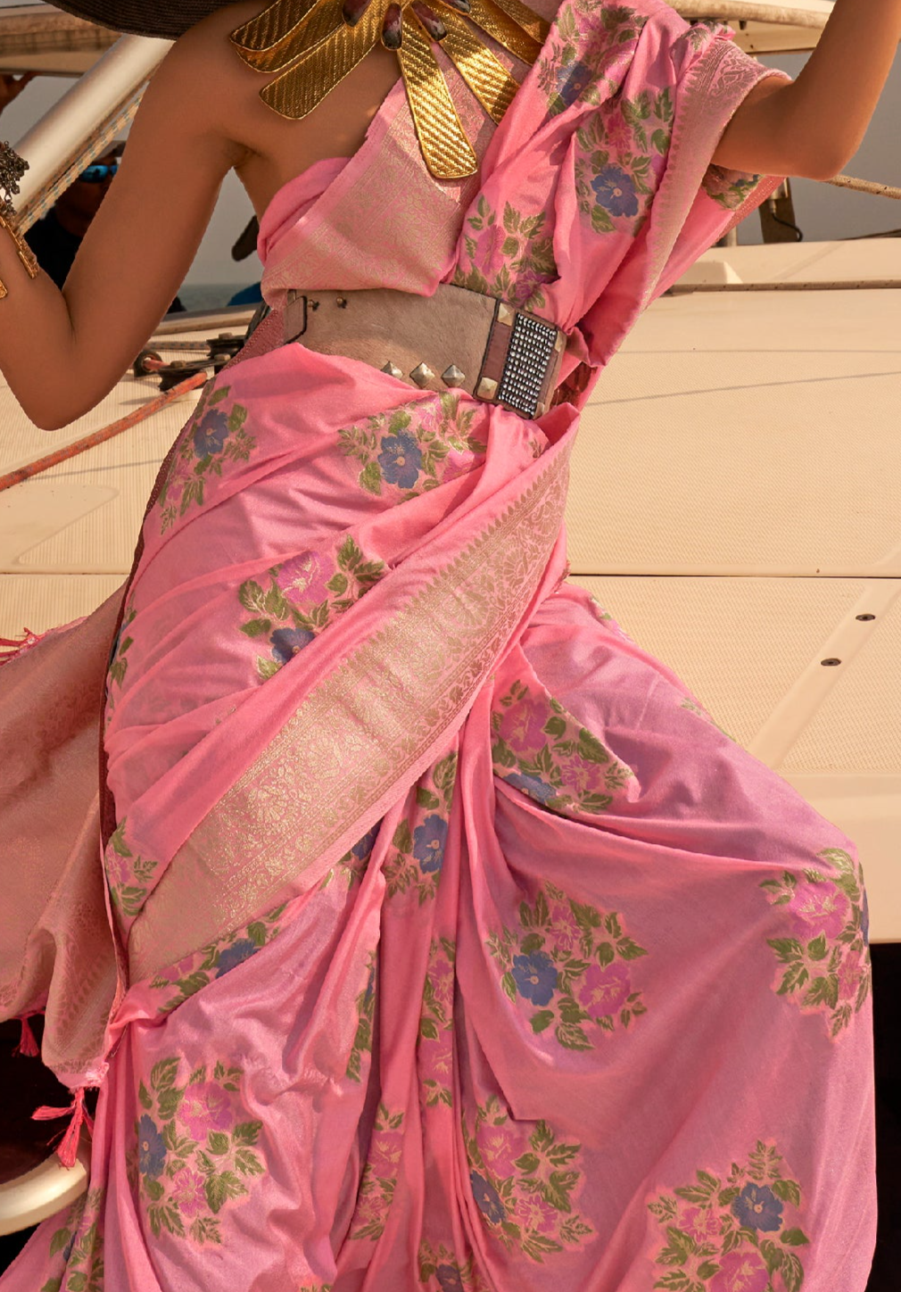 Radiant Pink Chinon Handloom Woven Silk Saree